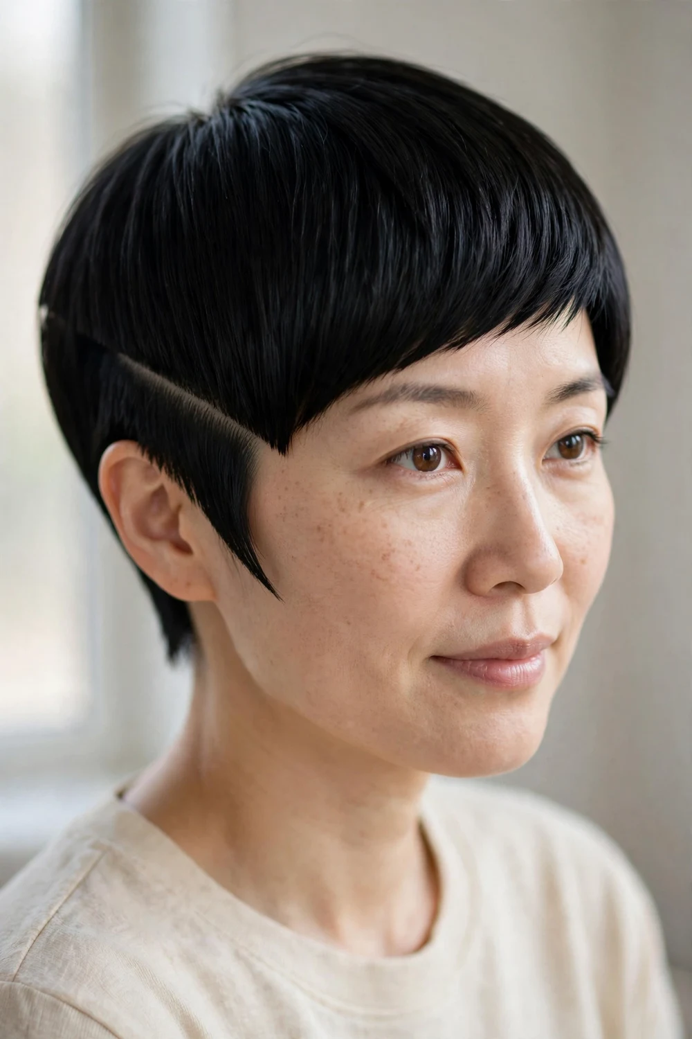 Woman with thick dark hair wearing a geometric pixie with sharp angled sides