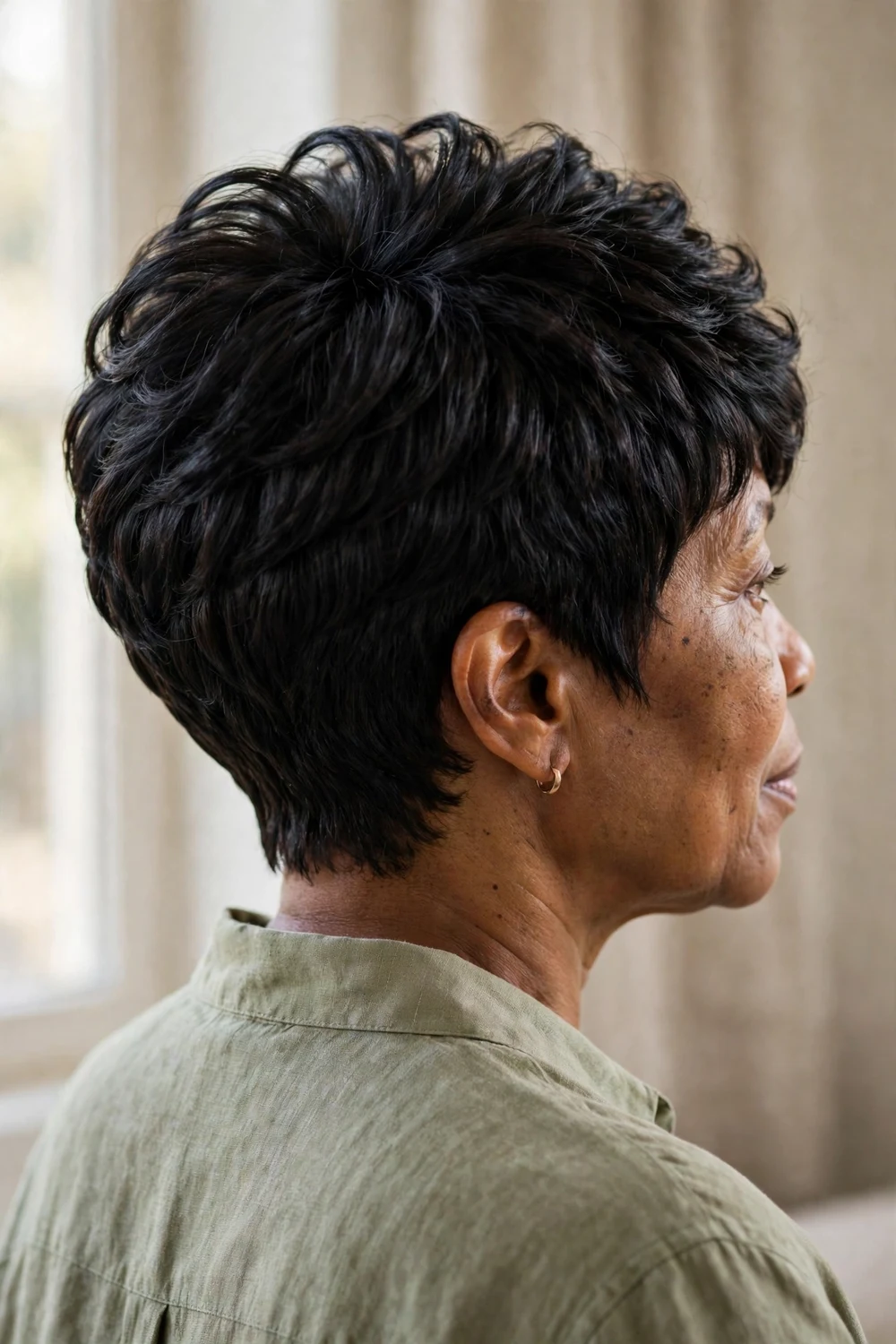 Woman with thick black hair wearing a pixie with graduated stacked layers