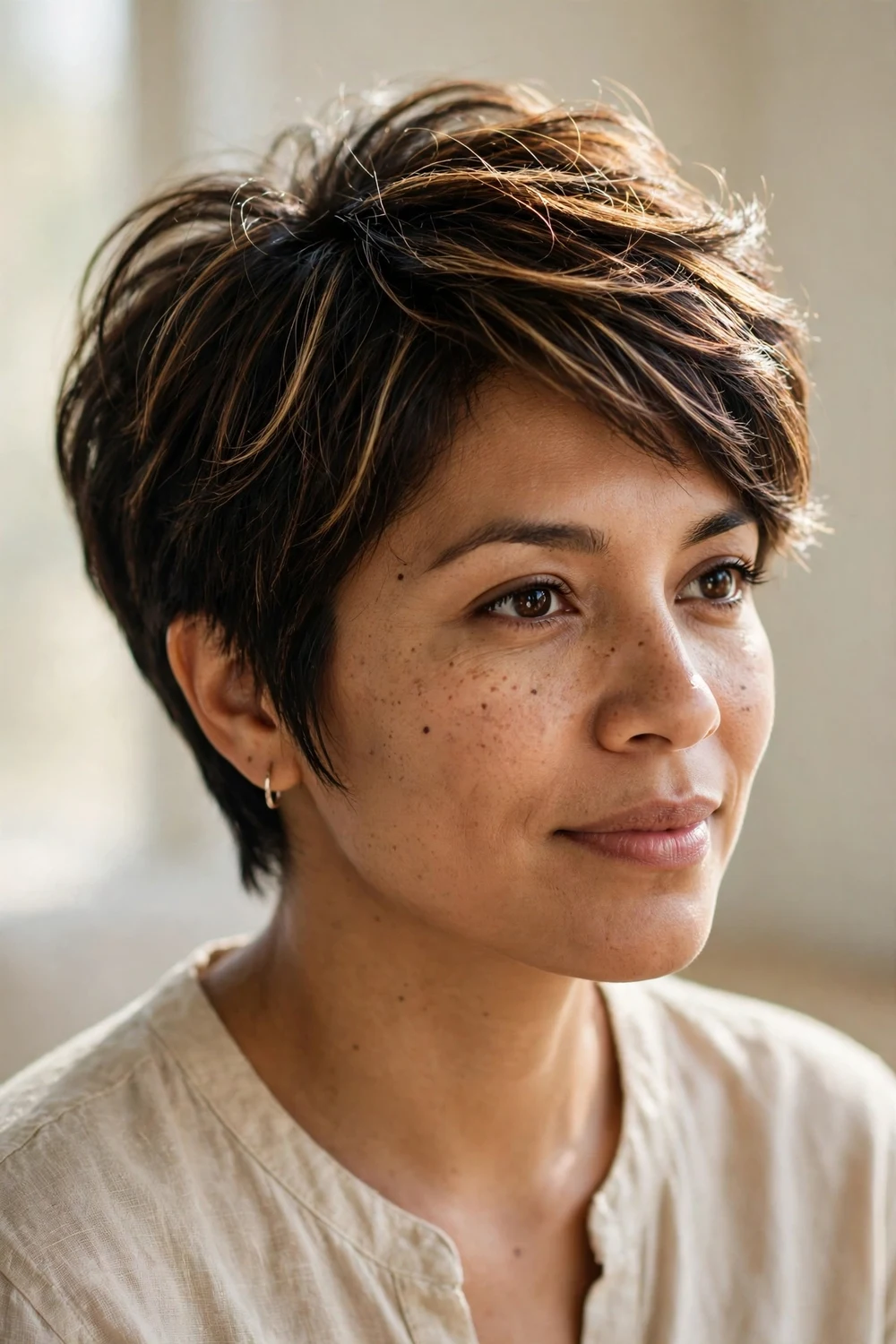 Woman with thick highlighted dark brown hair wearing a layered pixie