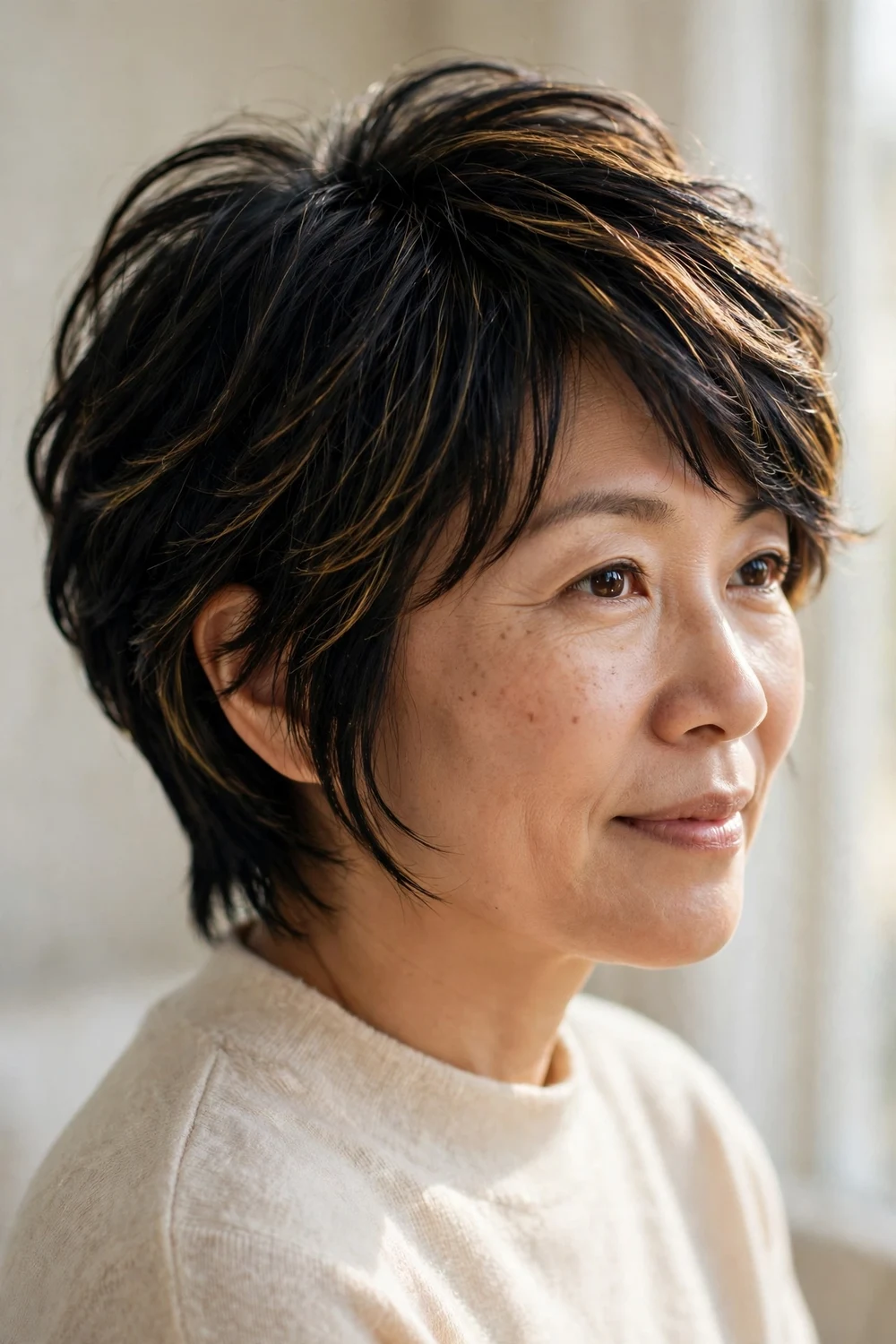 Woman with thick black hair wearing a layered pixie lob with golden highlights