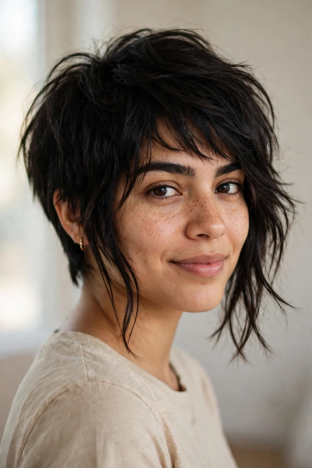 Woman with thick dark hair wearing a long choppy pixie that is longest at the front