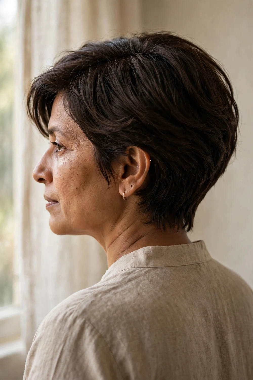 Woman with thick dark brown hair wearing a long pixie with a tapered nape