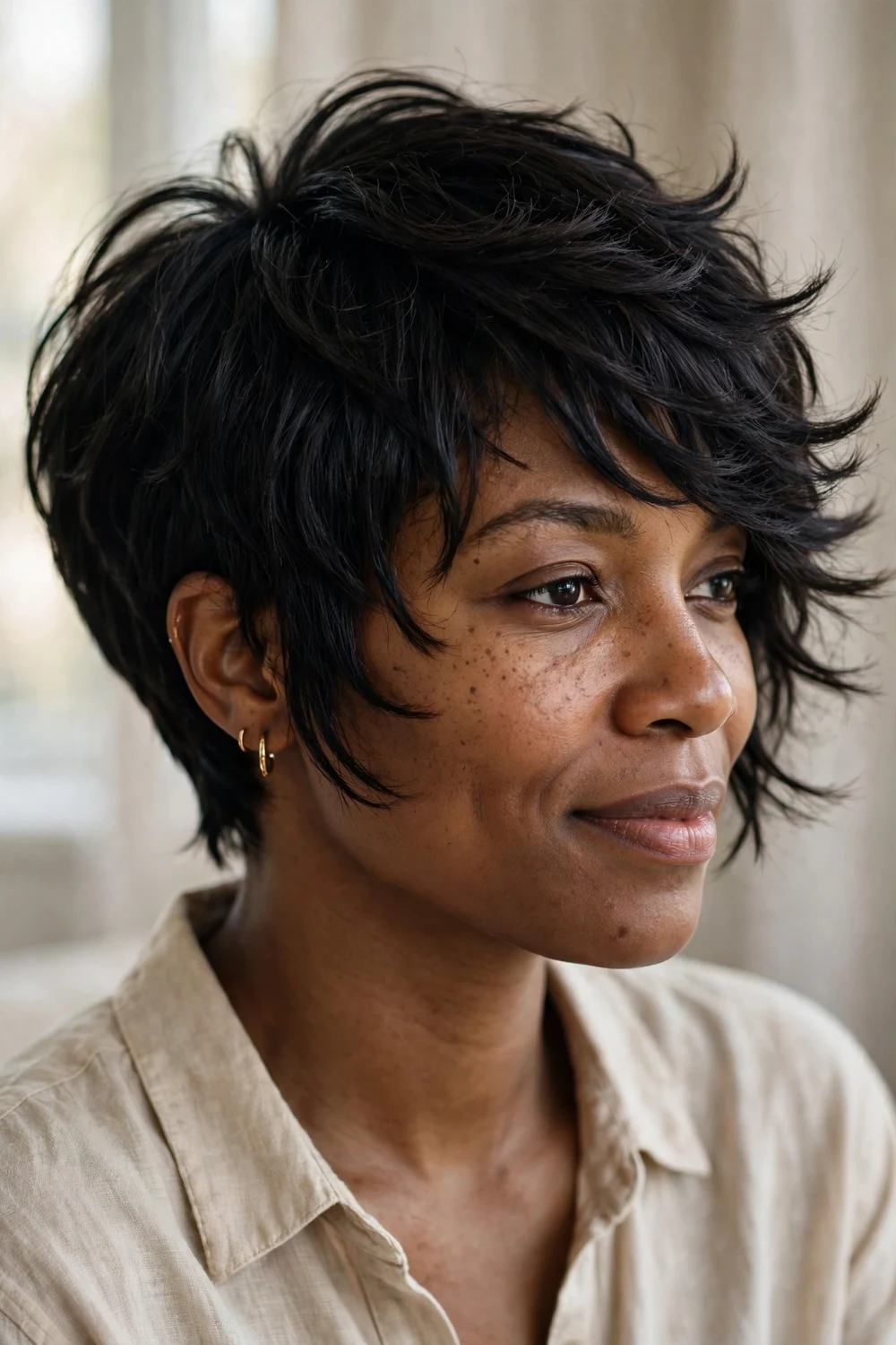 Woman with thick dark hair wearing a long razored pixie with wispy ends