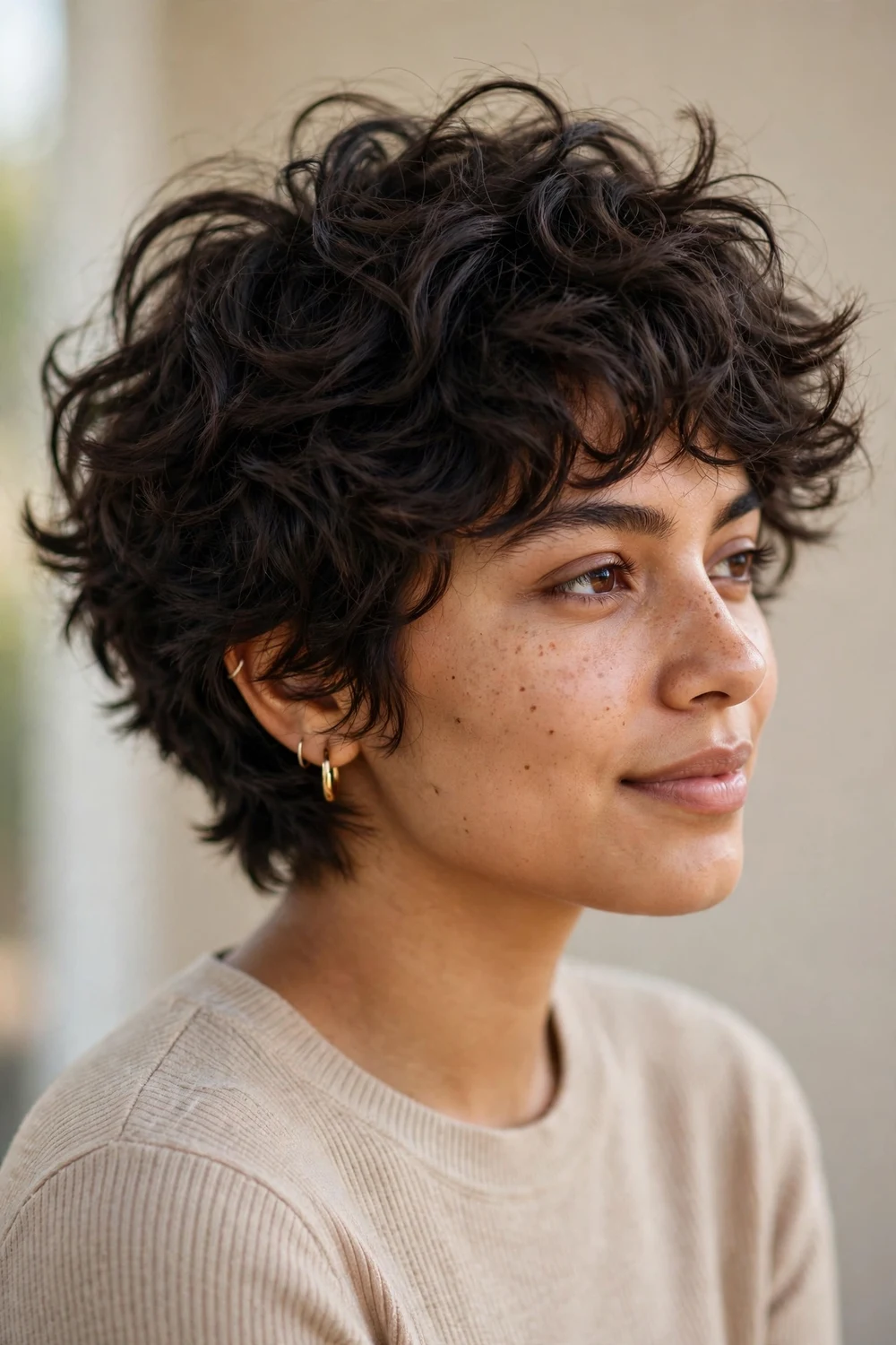Woman with thick wavy hair wearing a messy pixie with voluminous waves