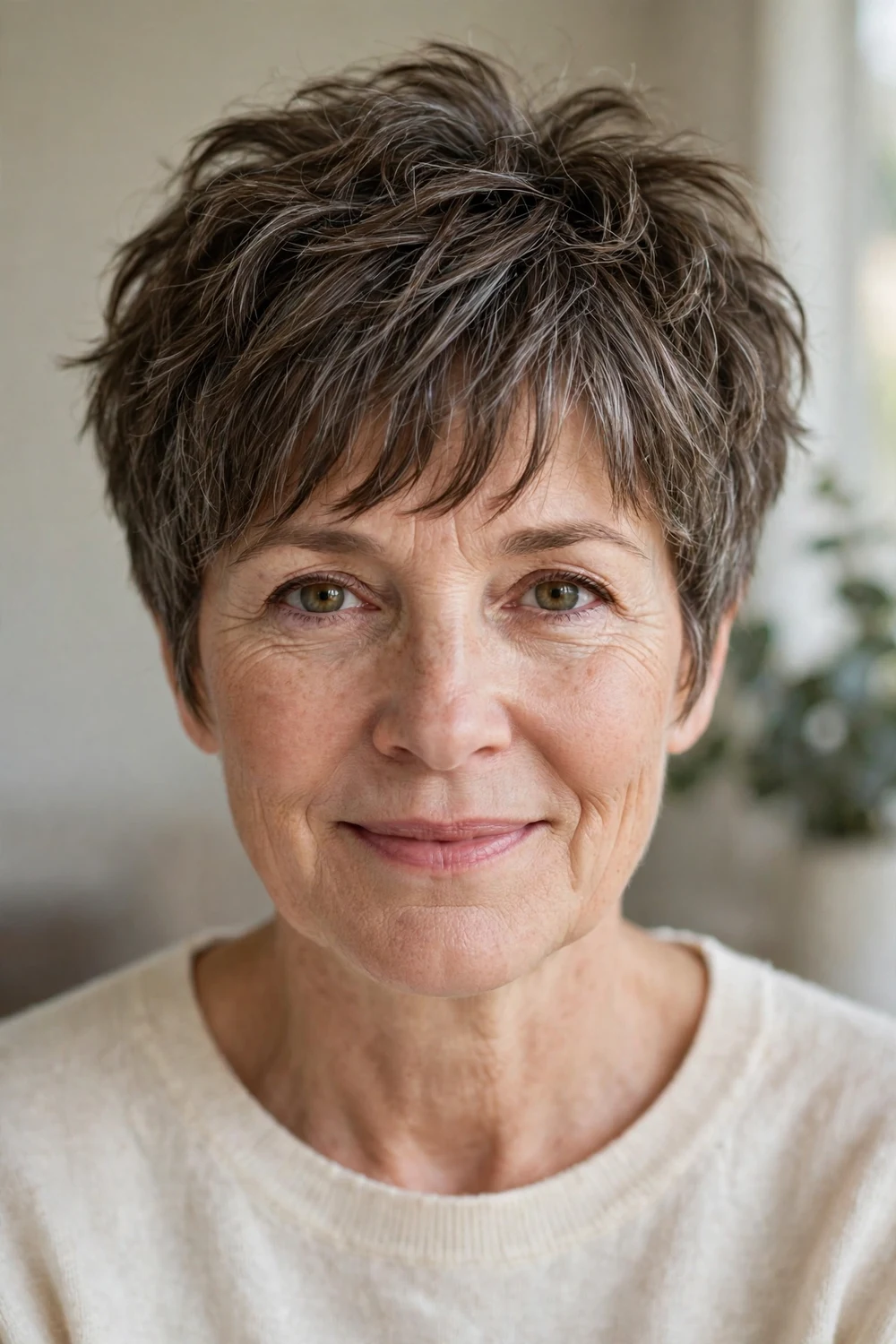 Woman with thick gray-streaked hair wearing a messy pixie with soft bangs