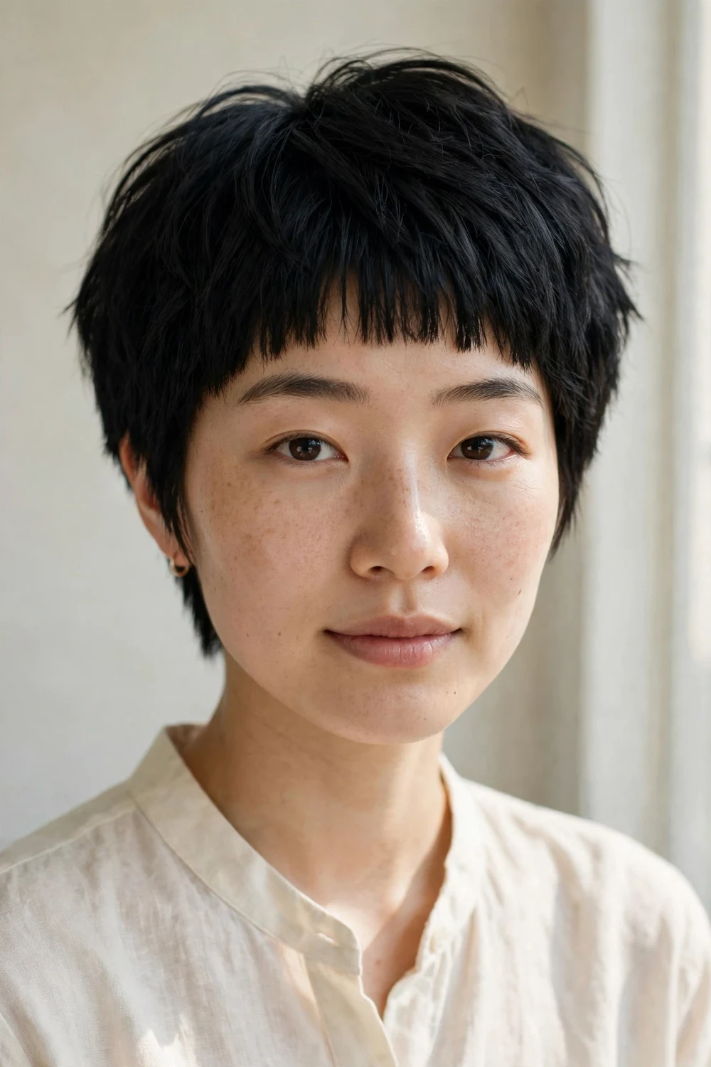 Woman with thick black hair wearing a pixie with micro bangs
