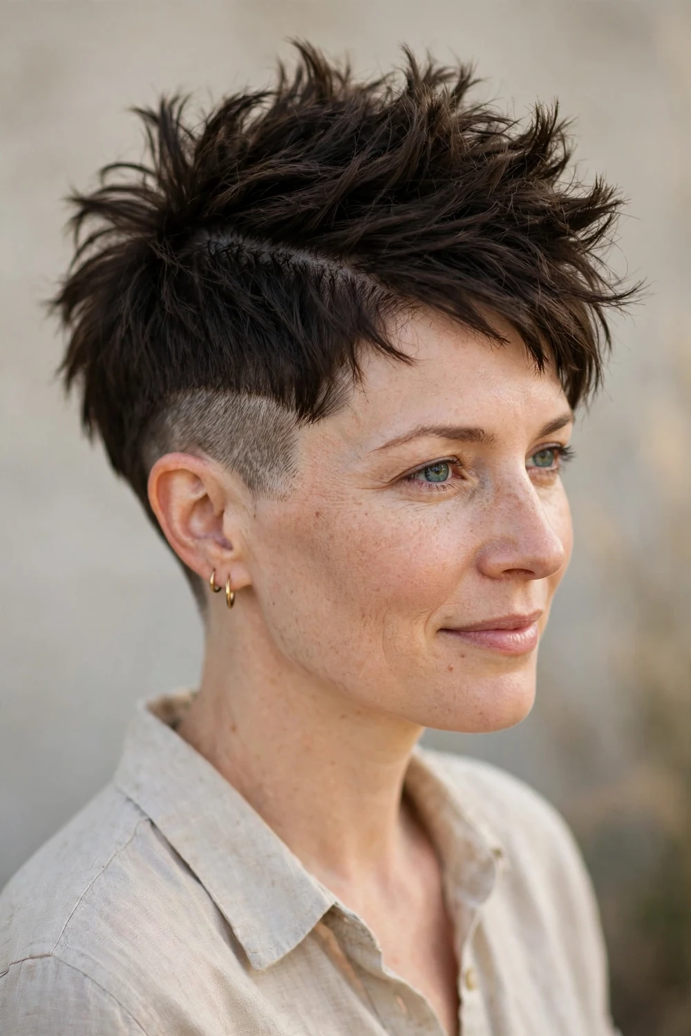Woman with thick brown hair wearing a mohawk-inspired pixie with longer center strip