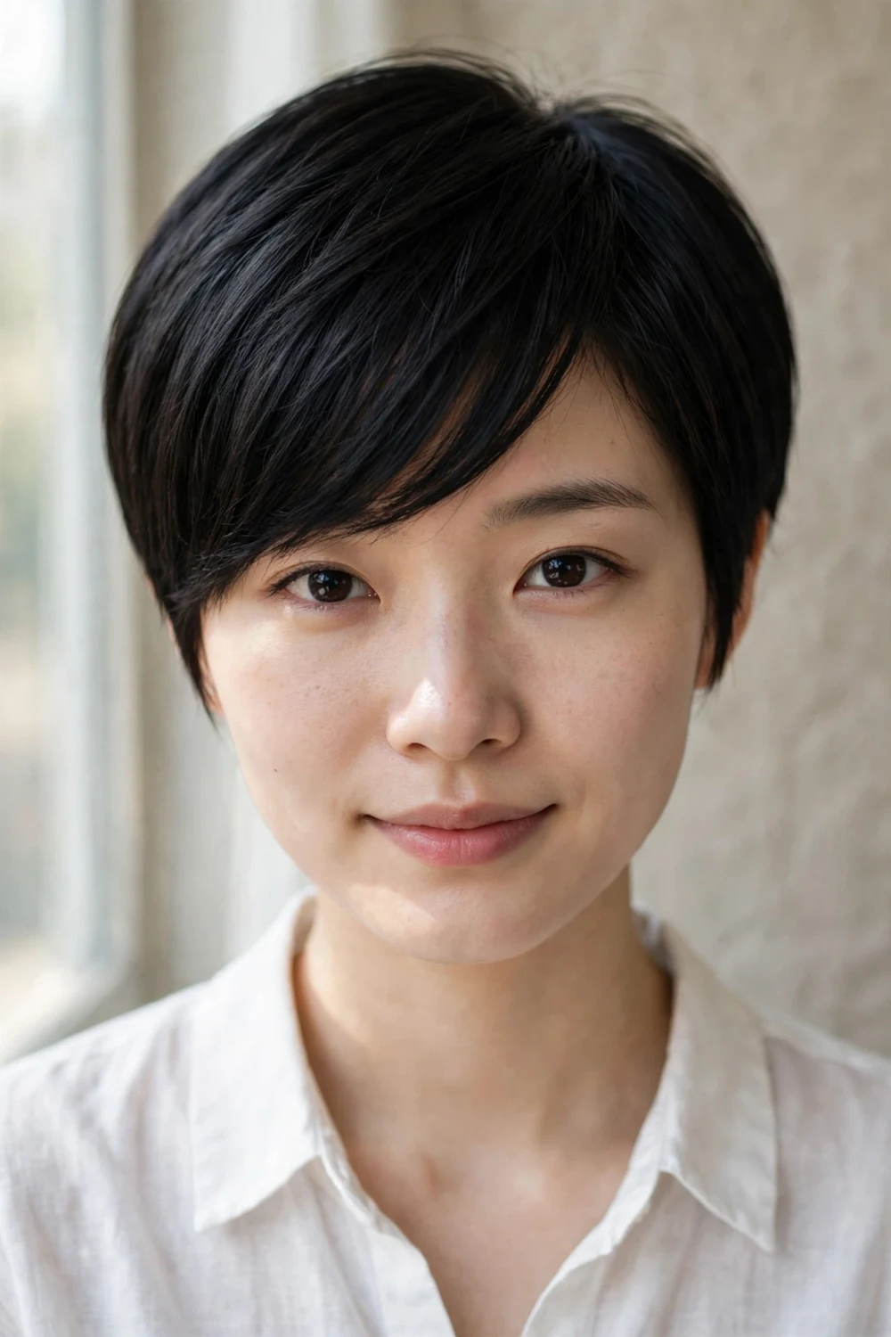 Woman with thick black hair wearing a neat pixie with long angled bangs