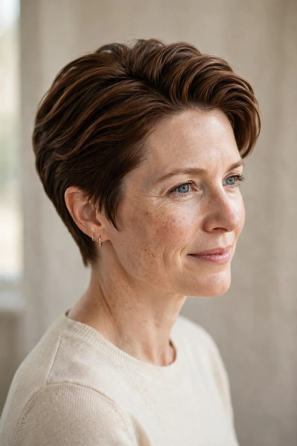Woman with thick brown hair wearing a pixie with back-swept layers