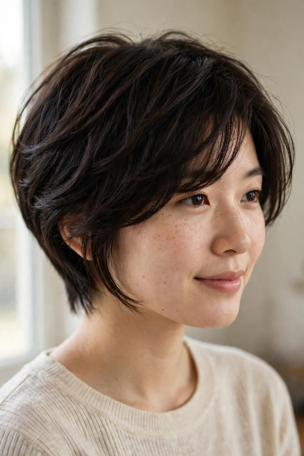 Woman with thick dark hair wearing a pixie bob with side-swept bangs