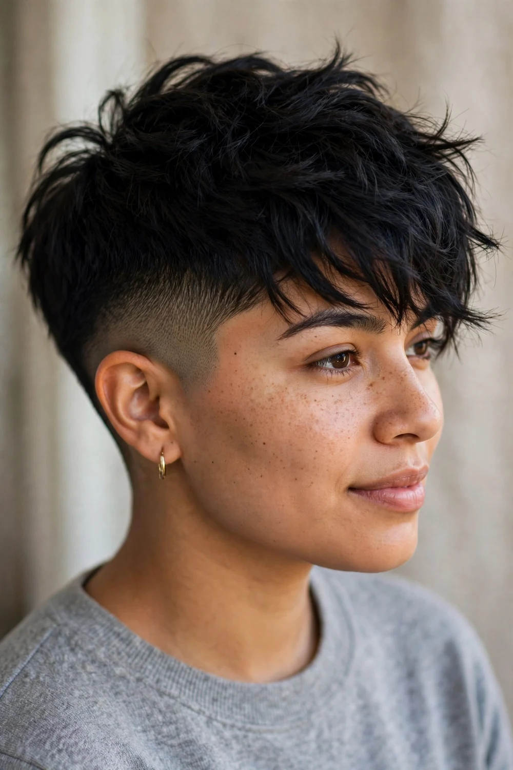 Woman with thick dark hair wearing a pixie with buzzed sides and a long textured top