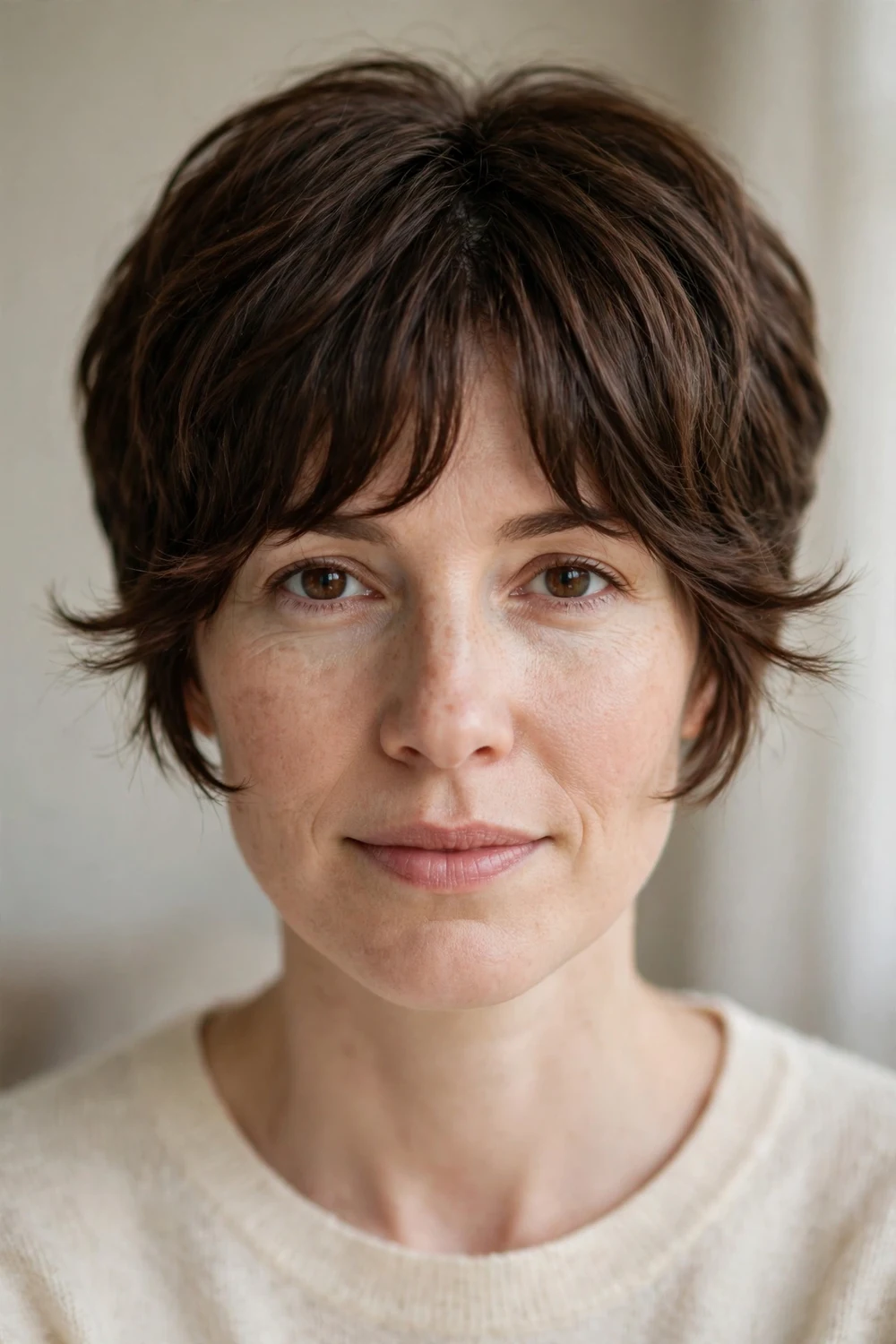 Woman with thick brown hair wearing a pixie with center-parted curtain bangs