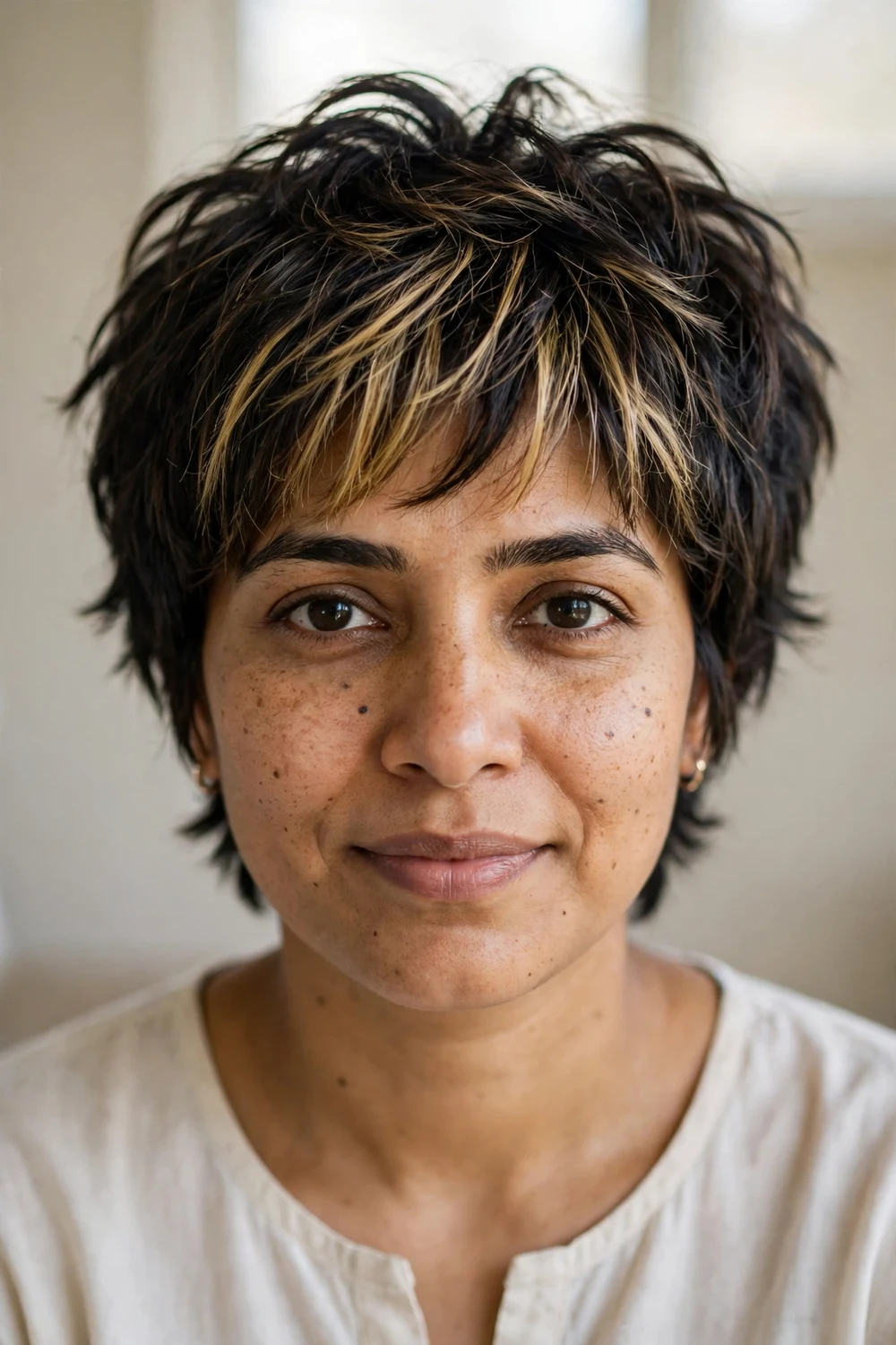 Woman with thick dark hair wearing a pixie with highlighted bangs