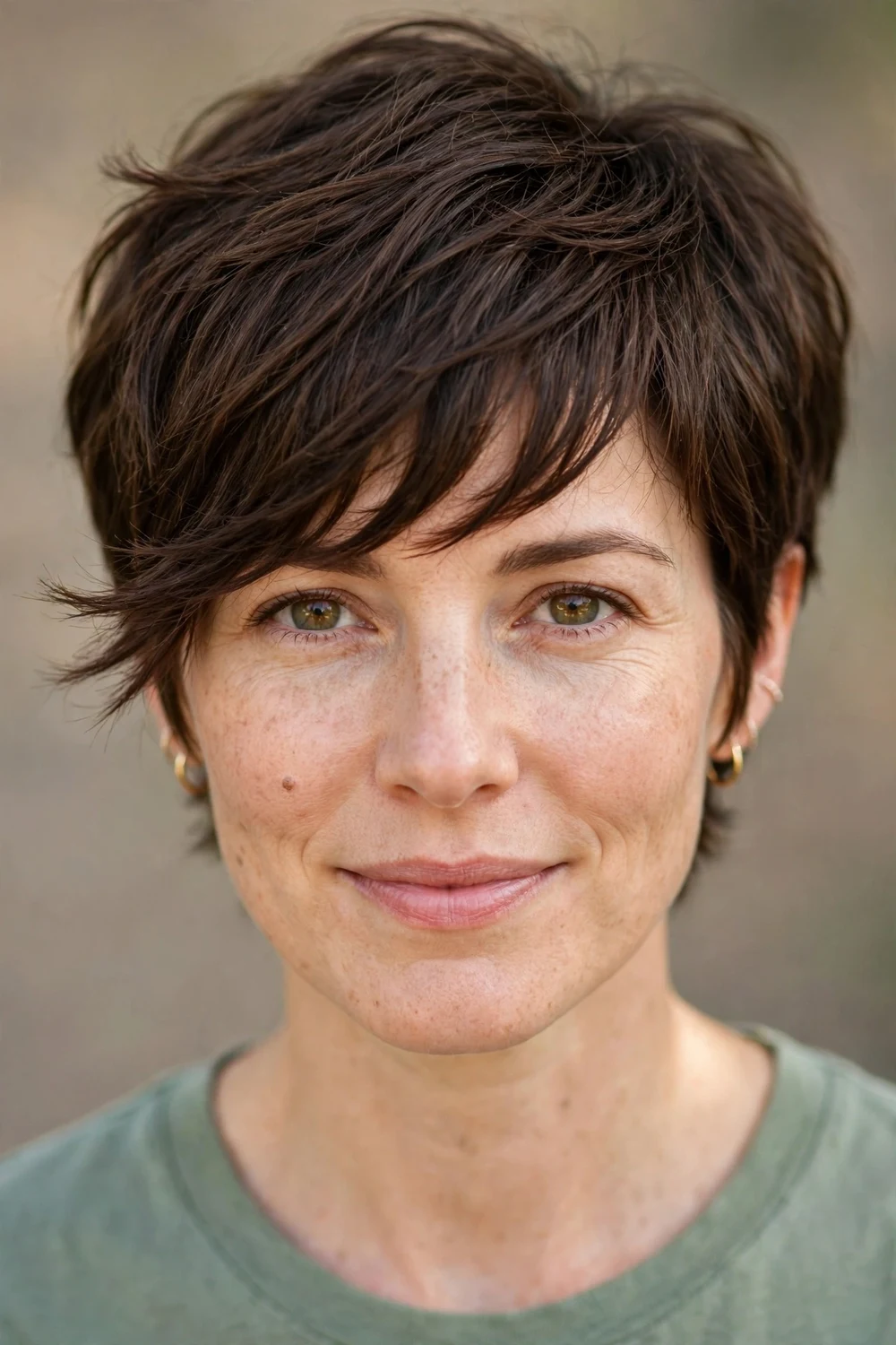 Woman with thick brown hair wearing a pixie with a long textured fringe