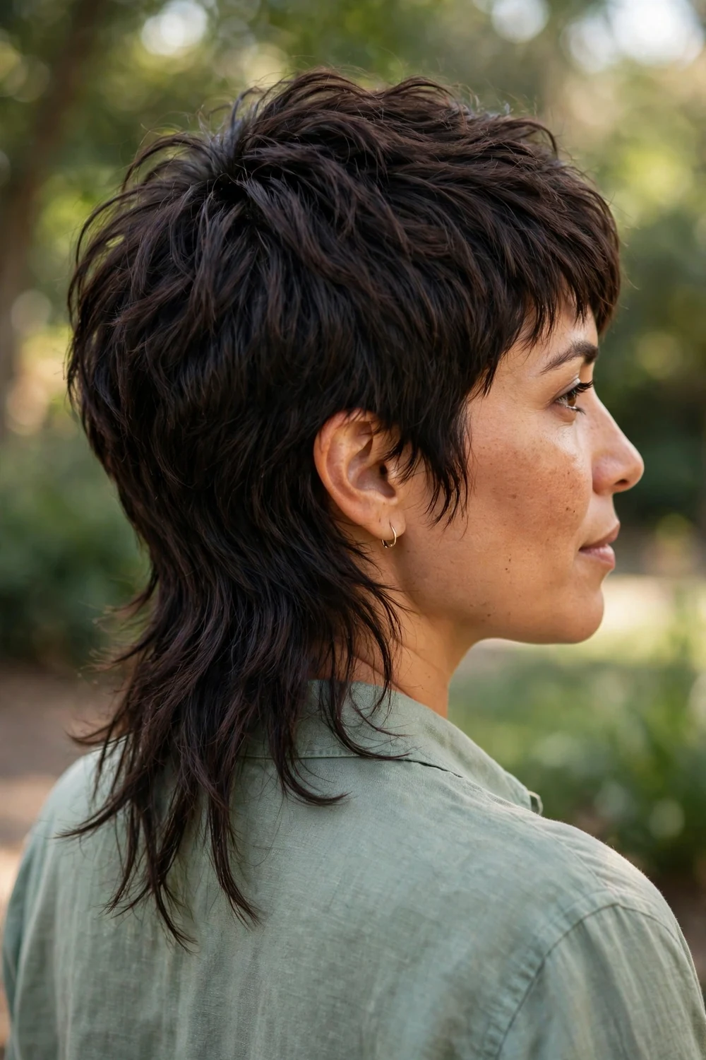 Woman with thick dark brown hair wearing a pixie-mullet hybrid with longer nape