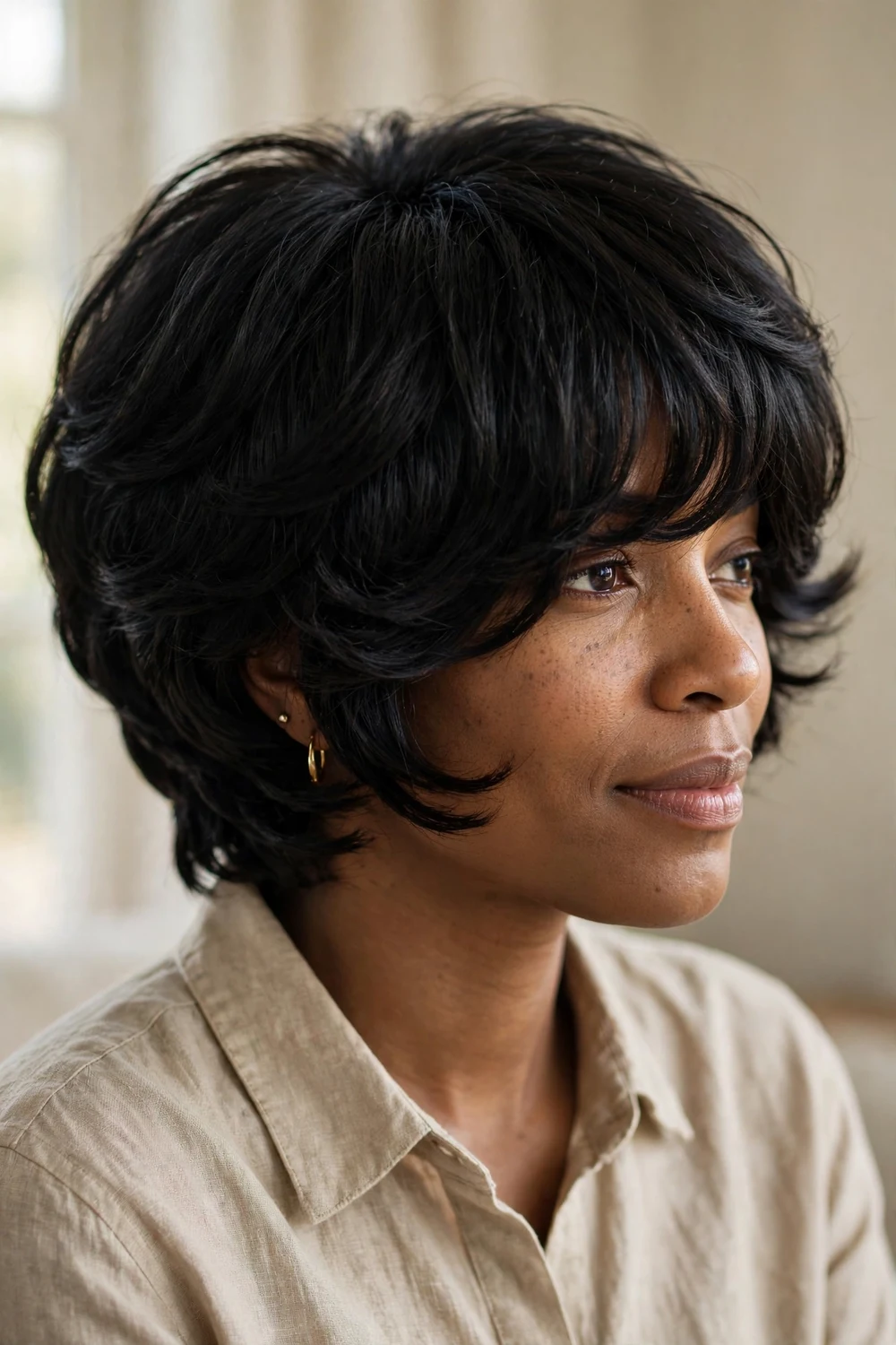 Woman with thick dark hair wearing a rounded pixie with long bangs