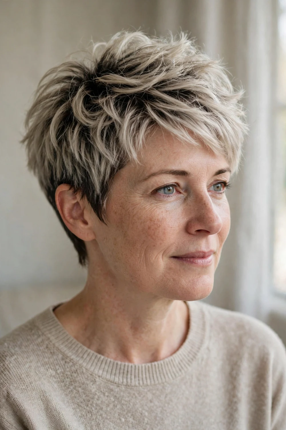 Woman with thick blonde hair and dark roots wearing a short pixie