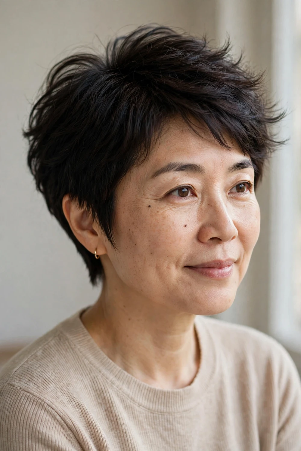 Woman with thick dark hair wearing a short feathered tapered pixie cut