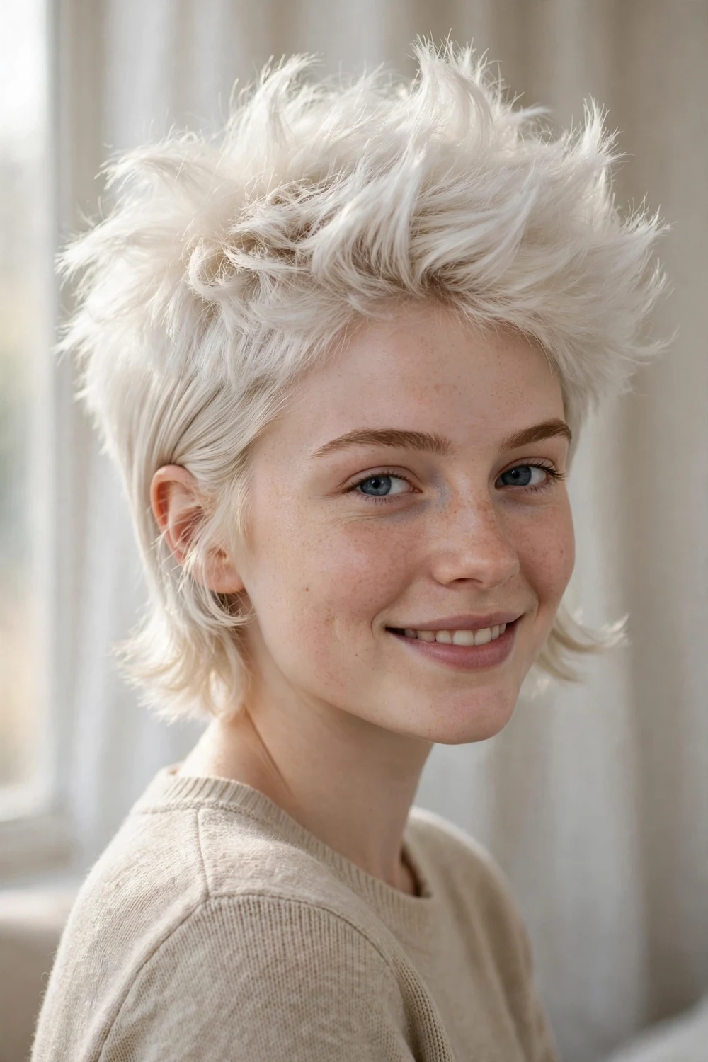 Woman with thick platinum blonde hair wearing a short fluffy pixie