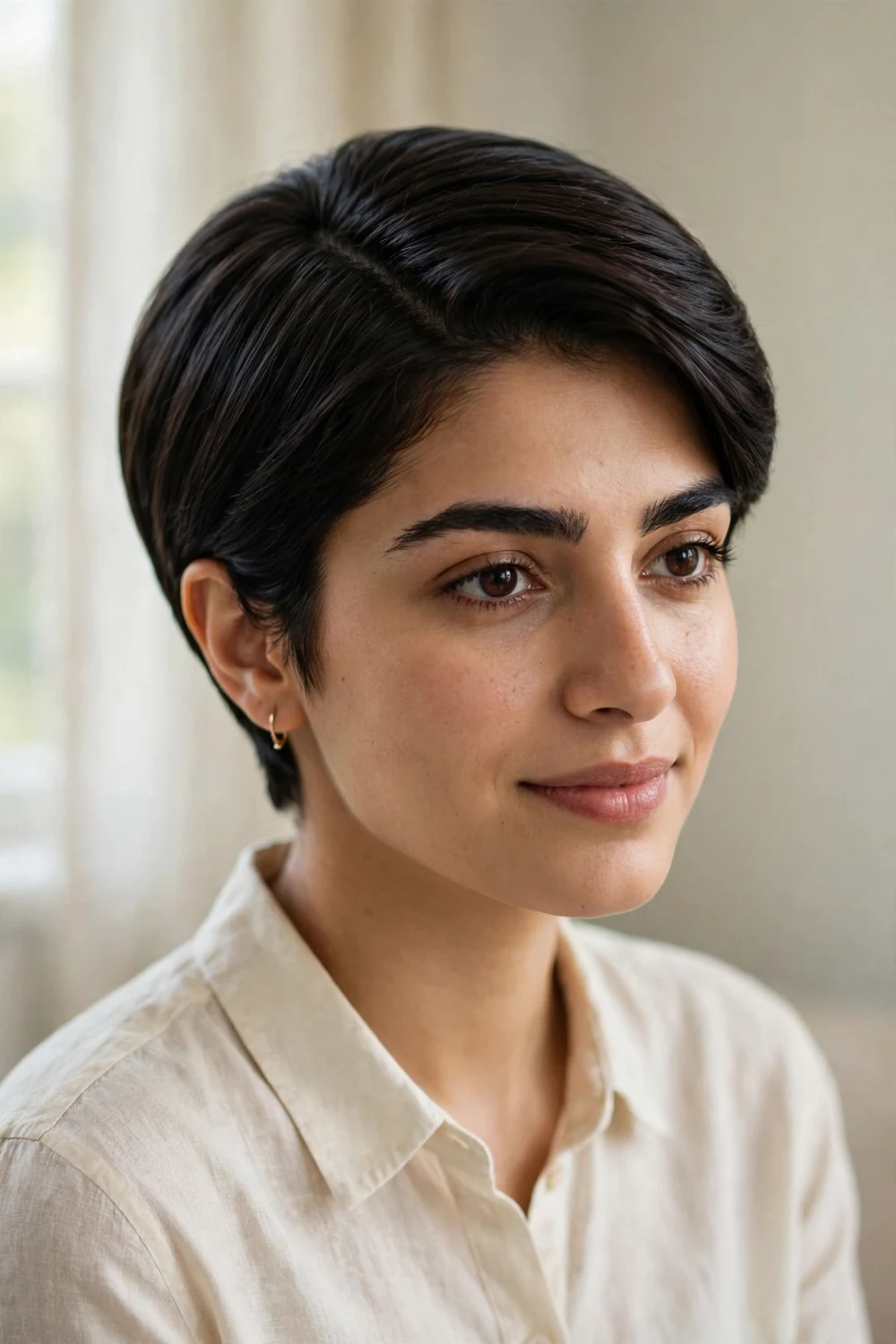 Woman with thick dark hair wearing a sleek side-parted pixie