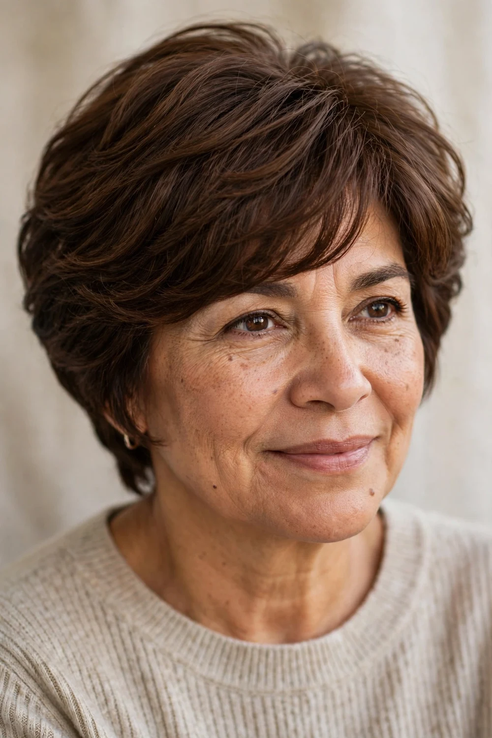 Woman with thick brown hair wearing a soft layered bixie