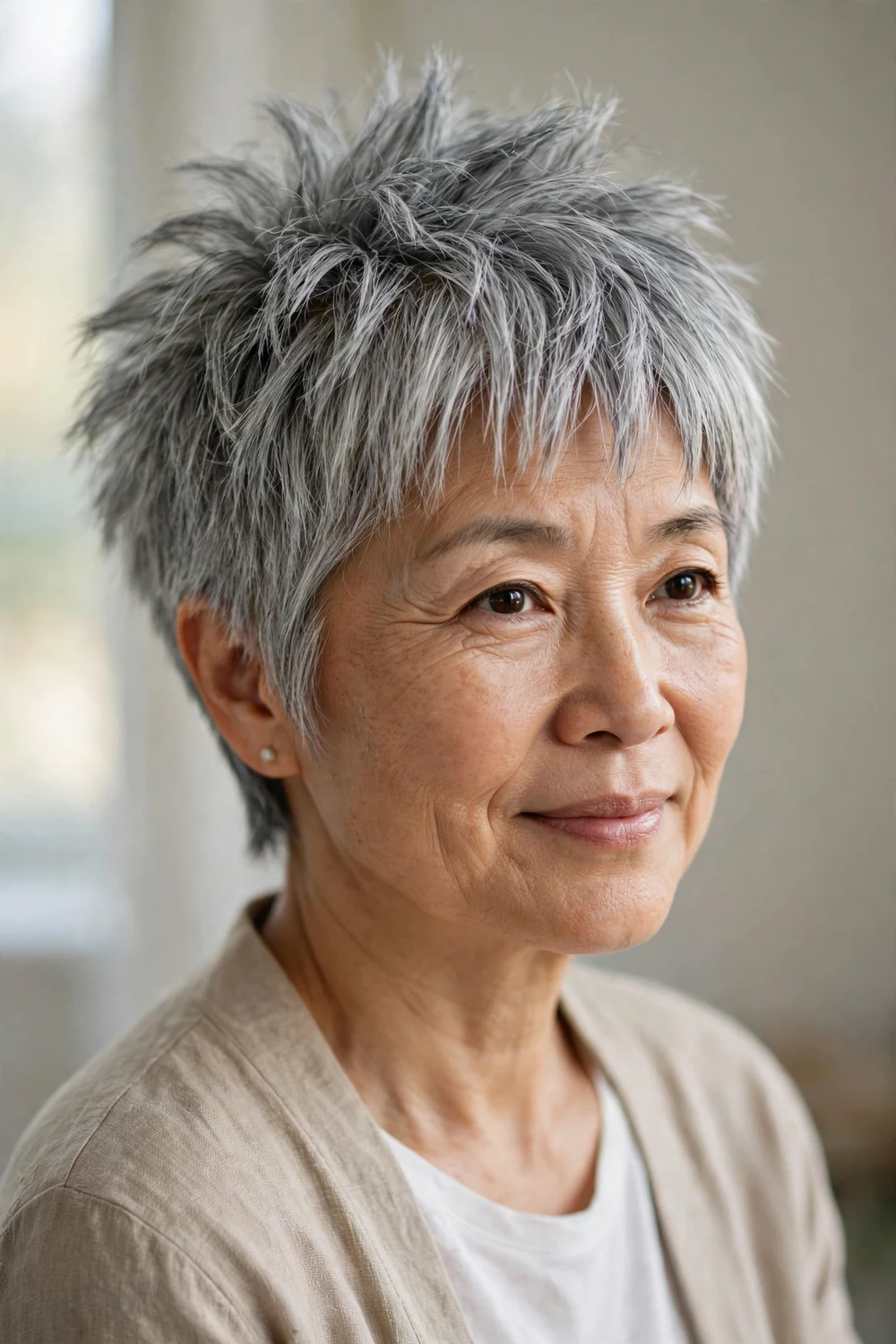 Woman with thick silver-gray hair wearing a spiky pixie with textured layers