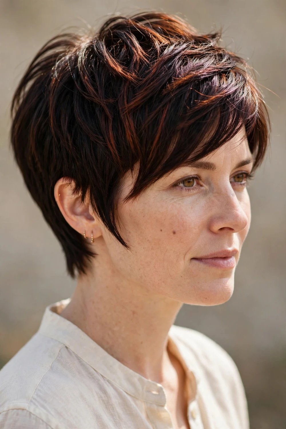 Woman with thick brown hair wearing a tapered pixie with angled sideburns