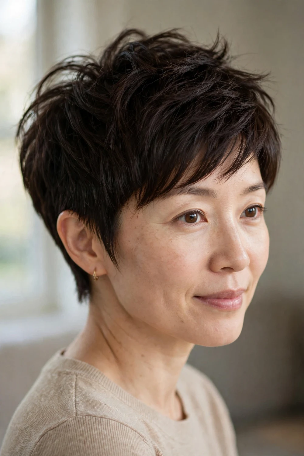 Woman with thick dark brown hair wearing a tapered pixie with a feathered crown