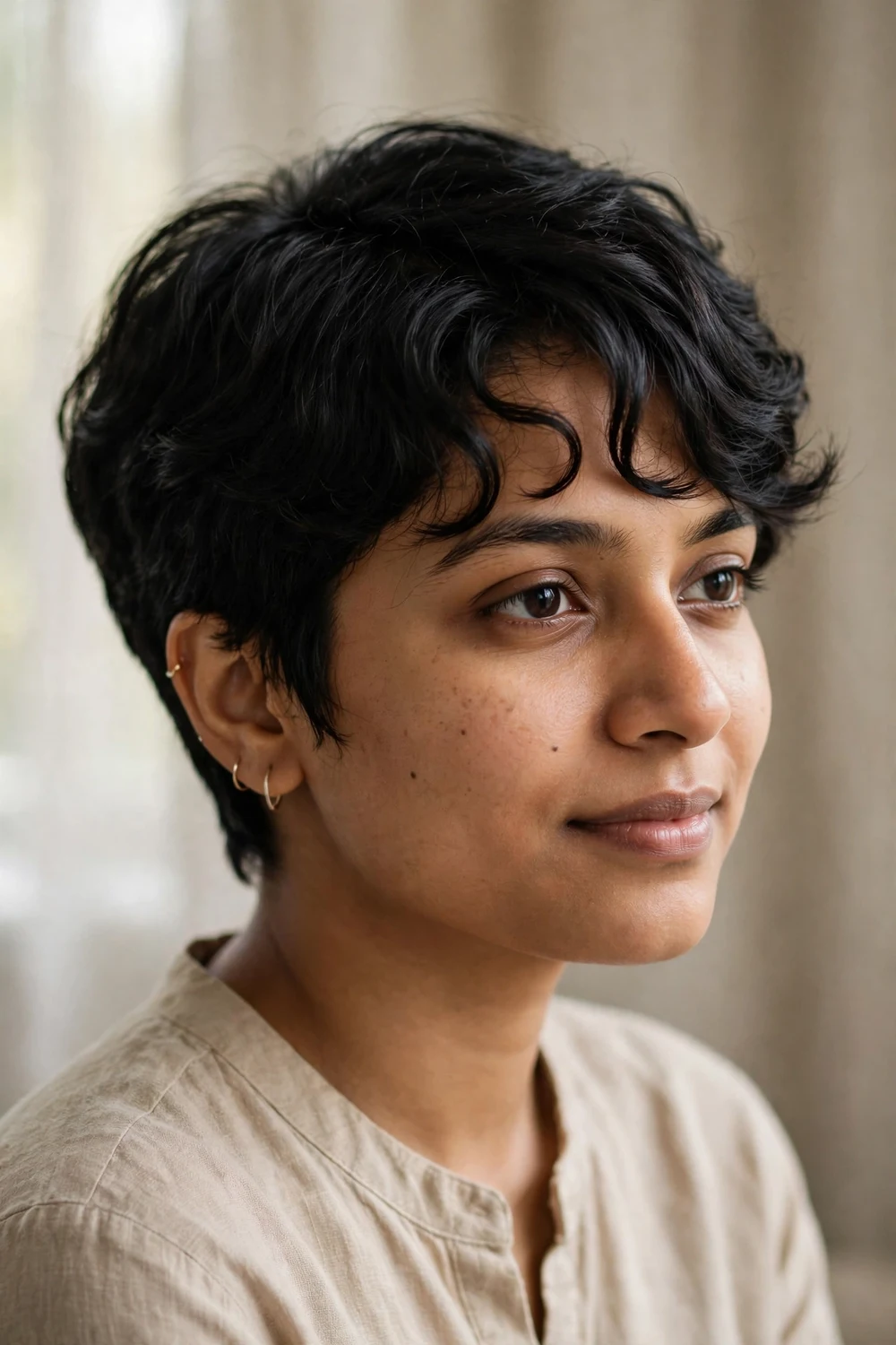 Woman with thick black hair wearing a tapered pixie with side-swept bangs