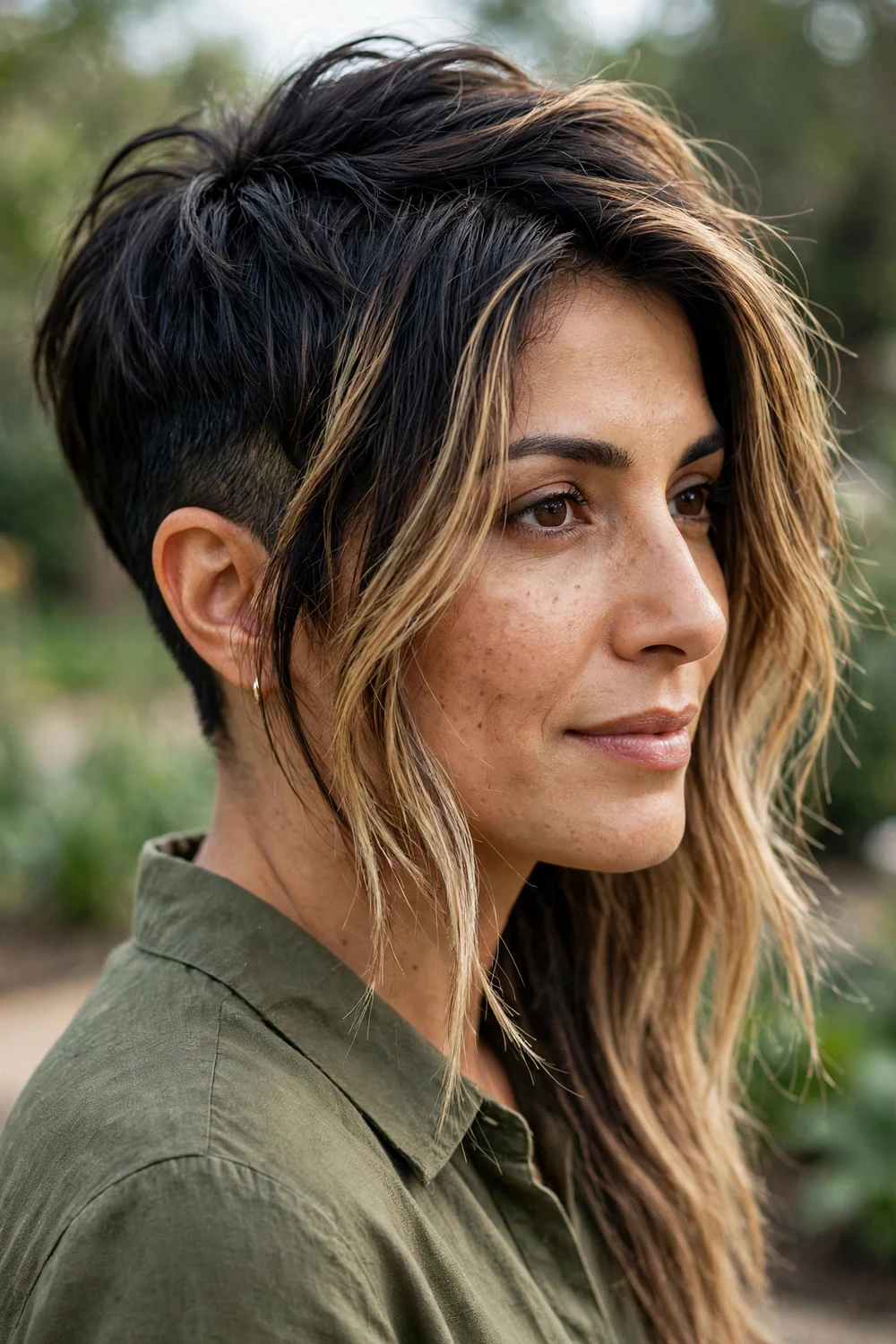 Woman with thick bronde balayage hair wearing a textured pixie with long front layers
