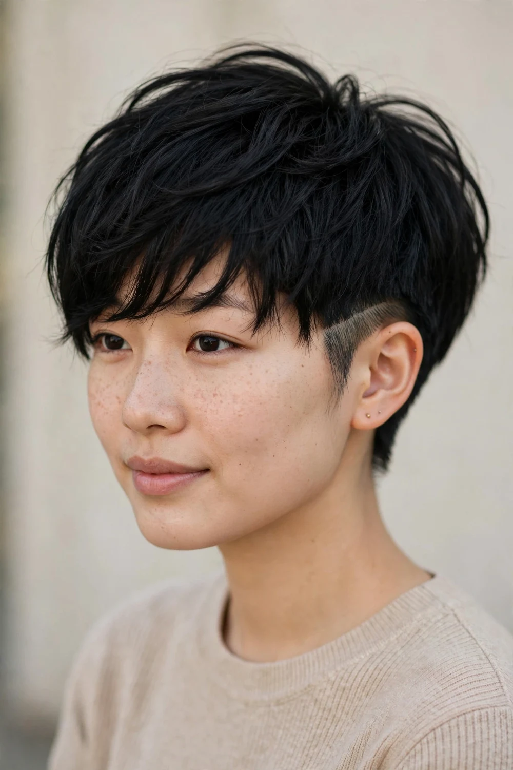 Woman with thick black hair wearing a two-block pixie with disconnected longer top