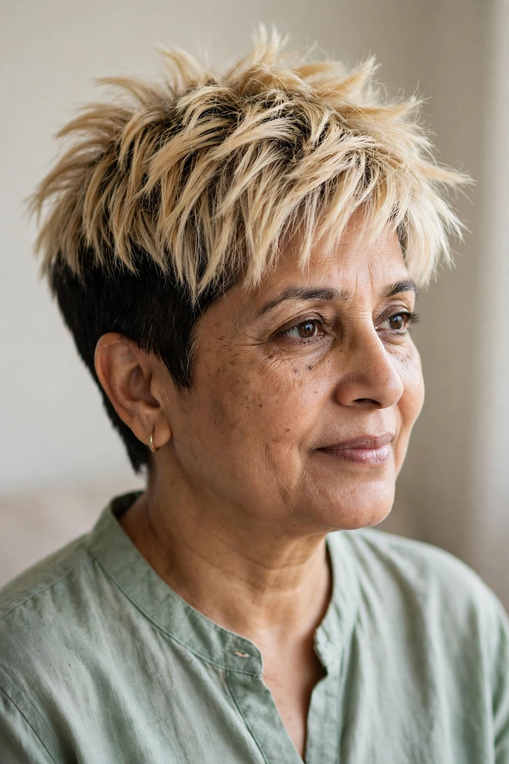 Woman with thick hair wearing a two-tone pixie with blonde top and dark sides