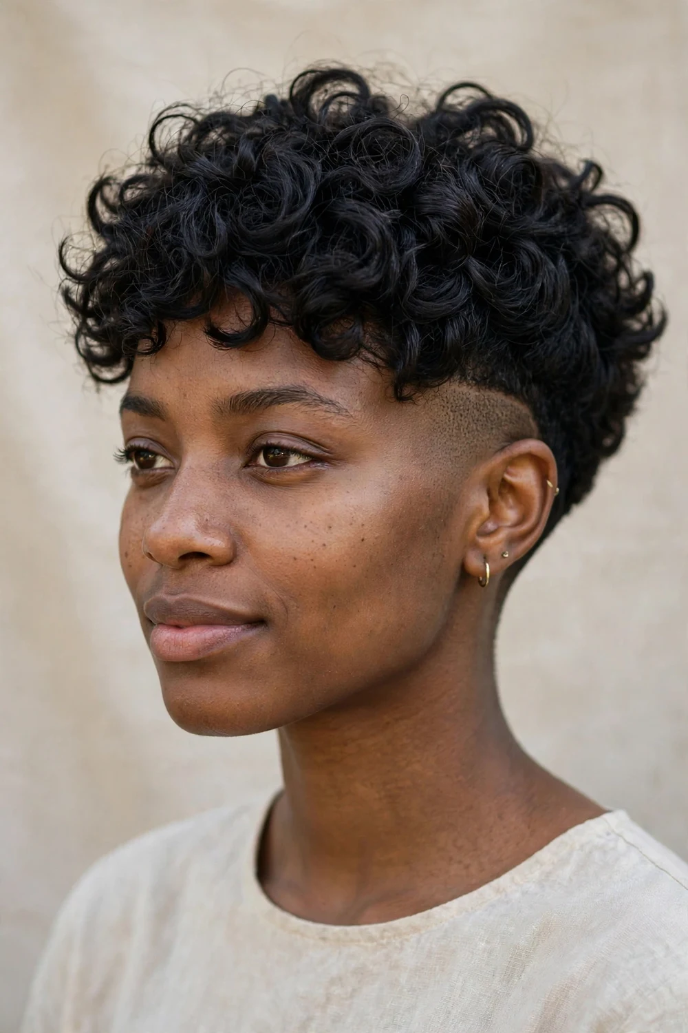 Woman with thick curly hair wearing an undercut pixie with defined curls on top