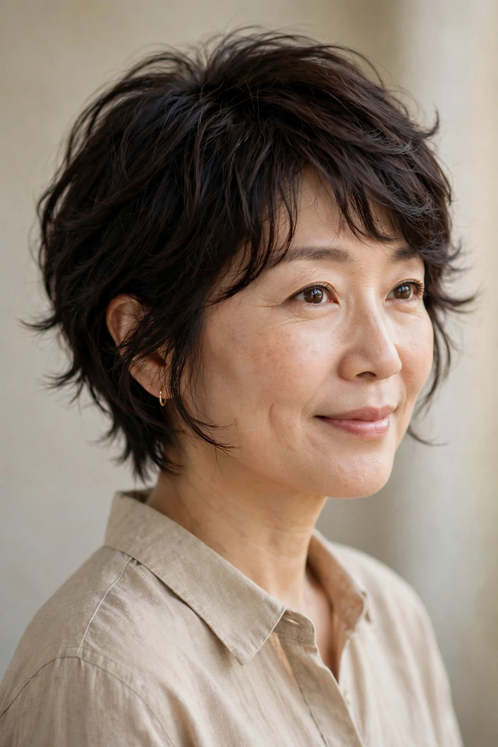 Woman with thick dark hair wearing a wispy pixie with soft feathered edges