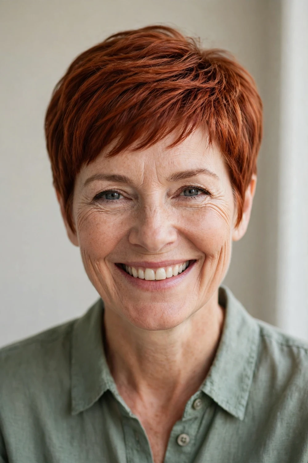 Woman in her 50s with a warm auburn pixie haircut