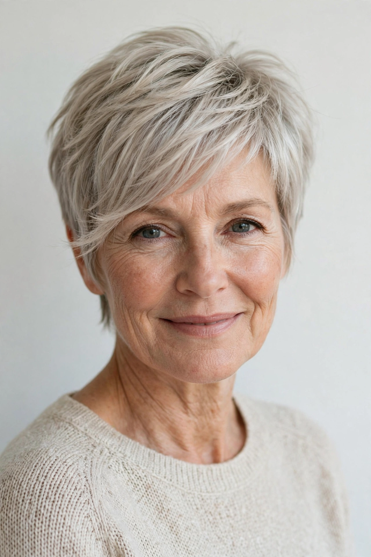 Older woman with an ash blonde feathered pixie haircut, soft cool-toned color