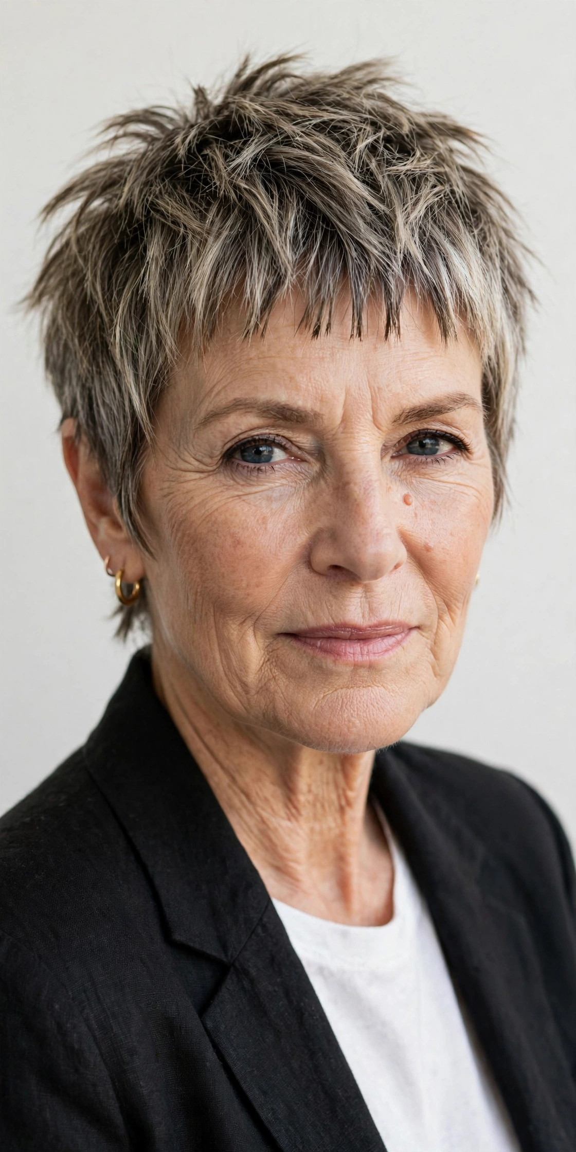 Older woman with a choppy pixie haircut and very short micro fringe above the eyebrows