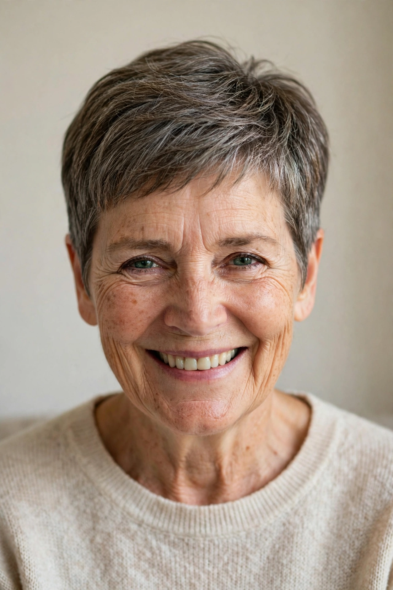 Older woman in her 60s with a classic tapered pixie haircut, neat sides and textured top