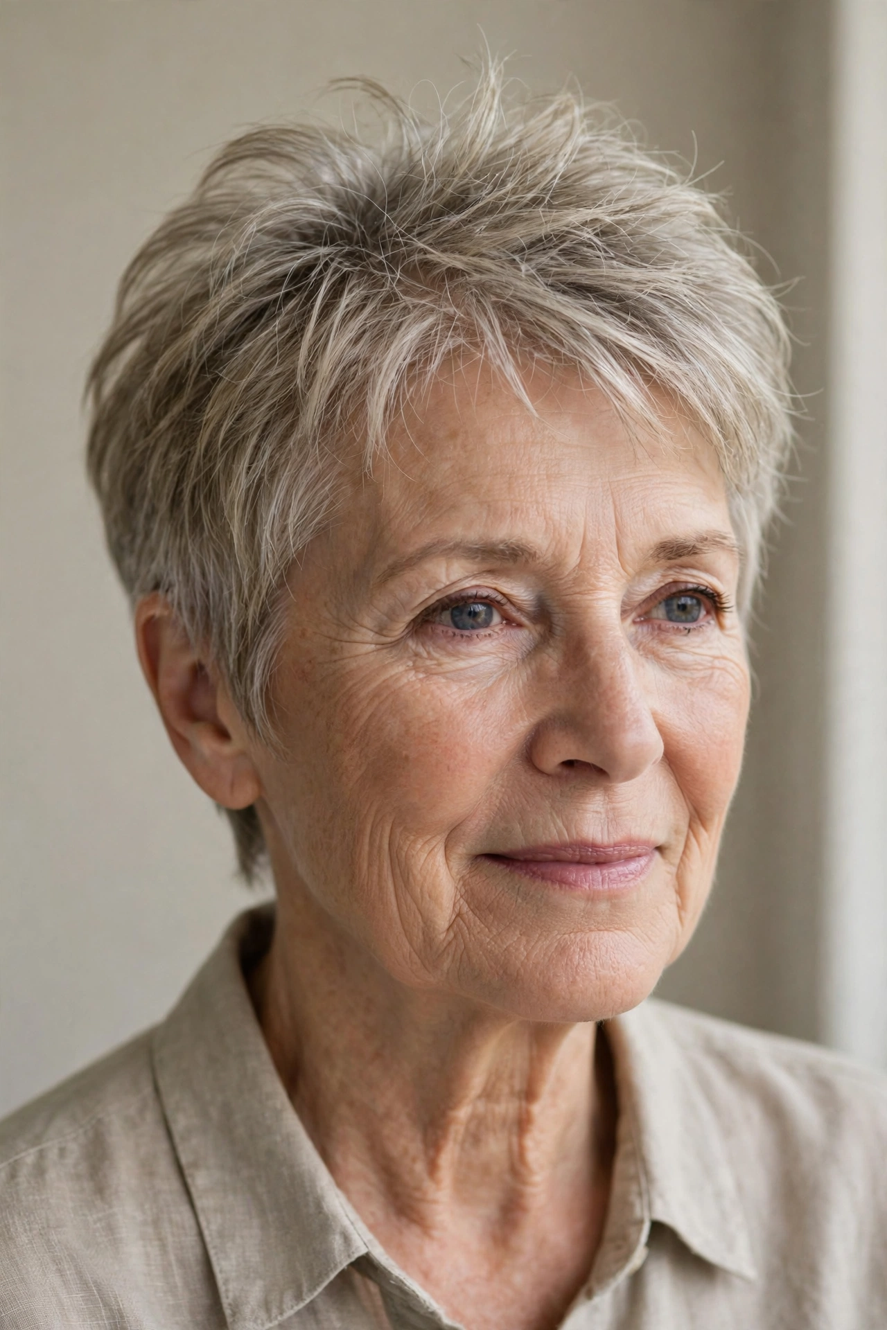 Older woman with fine hair styled in a pixie with noticeable lift at the crown