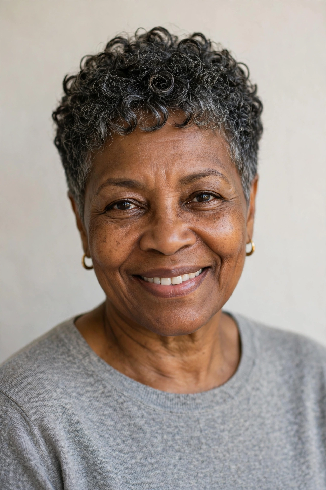 Older Black woman with a curly pixie haircut showing defined natural curls