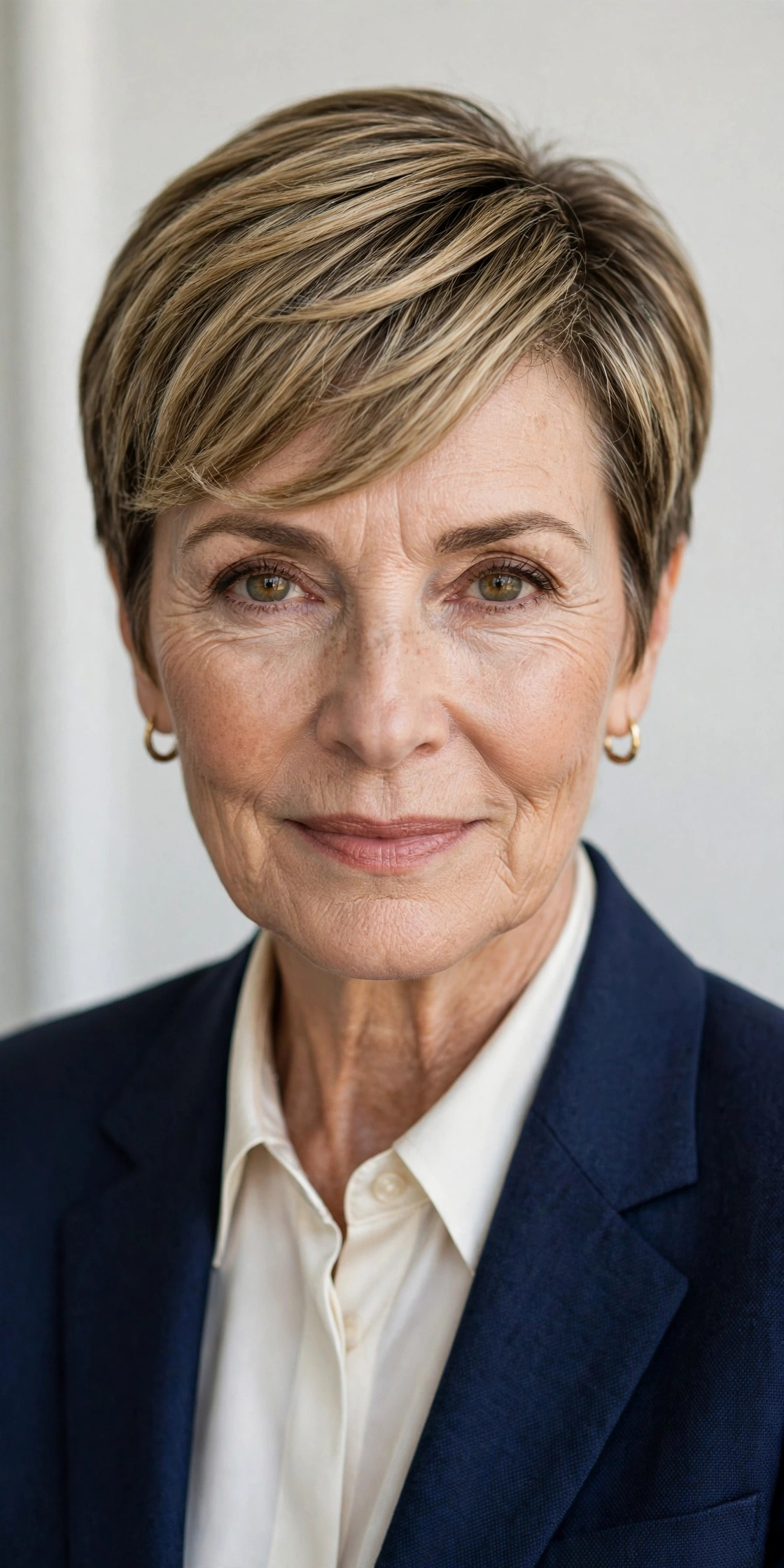Older woman with a pixie haircut styled with a deep side part
