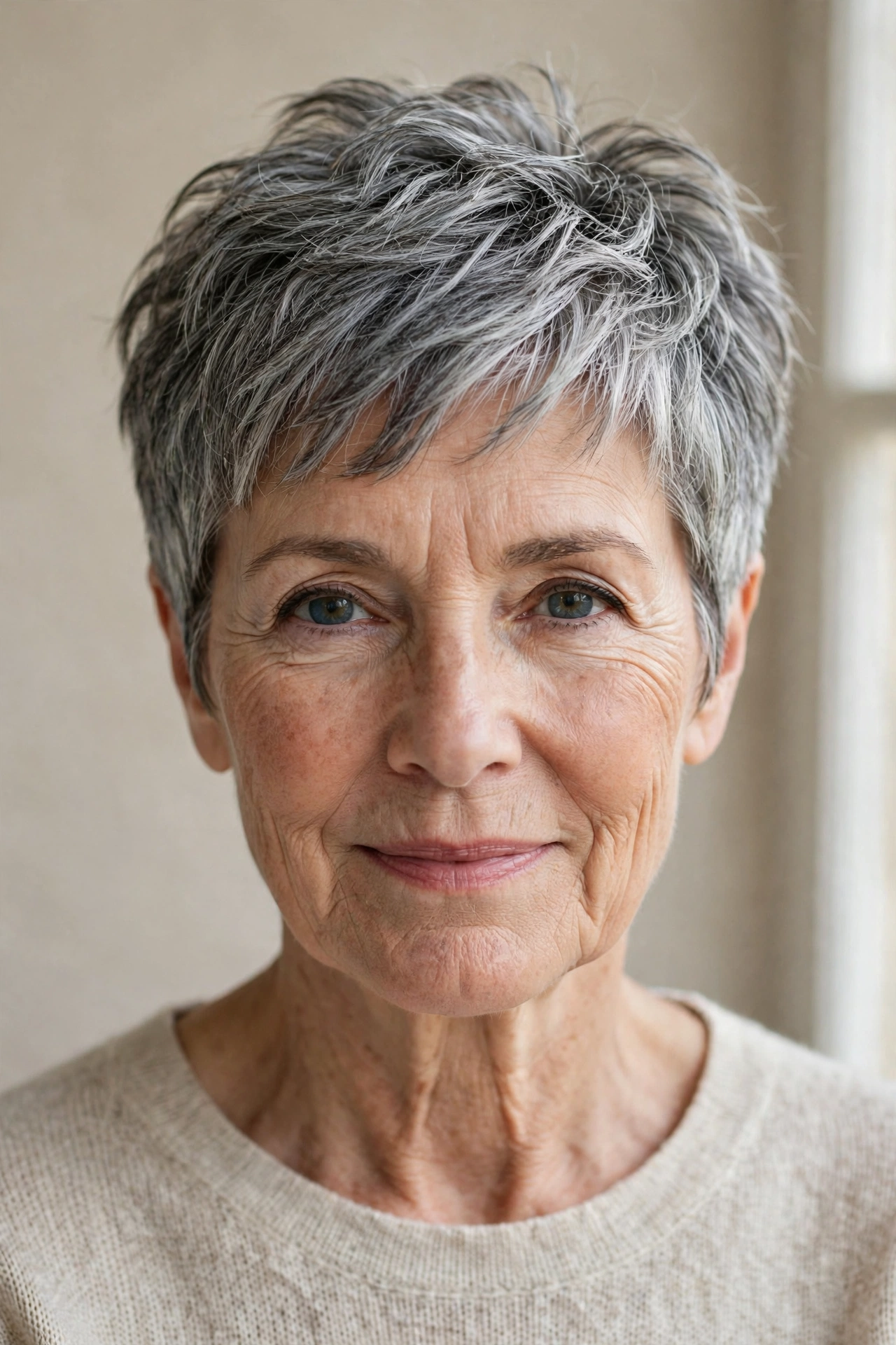 Older woman with a dimensional grey pixie, multiple grey tones creating depth