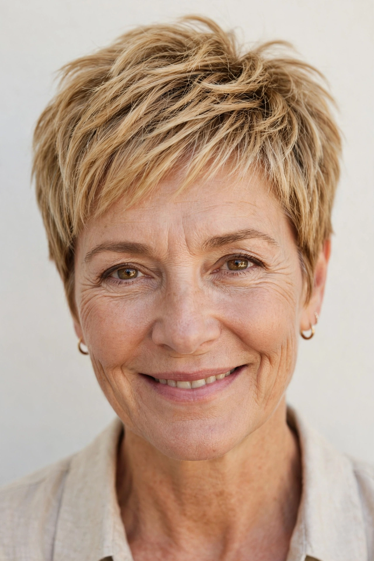 Older woman with a honey blonde textured pixie, warm golden tones