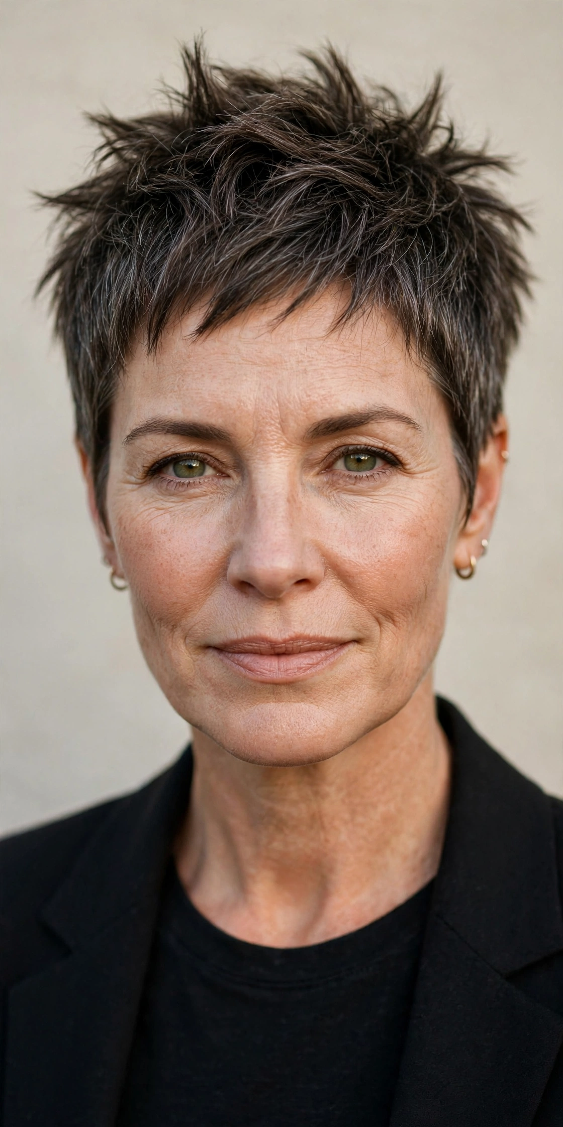 Confident older woman with a piecey spiky pixie haircut, textured points
