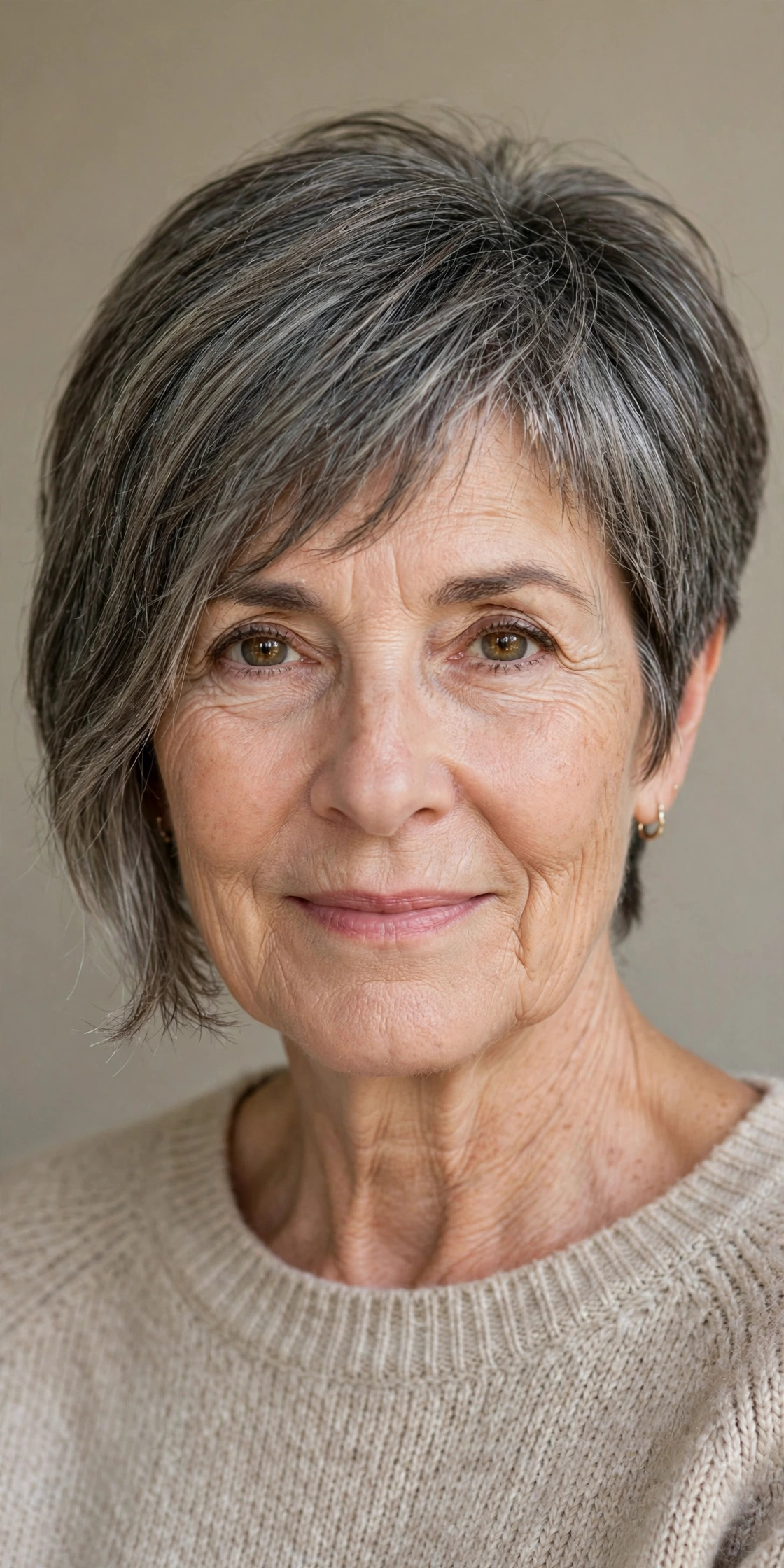 Older woman with a pixie bob hybrid haircut, longer than a pixie but shorter than a bob