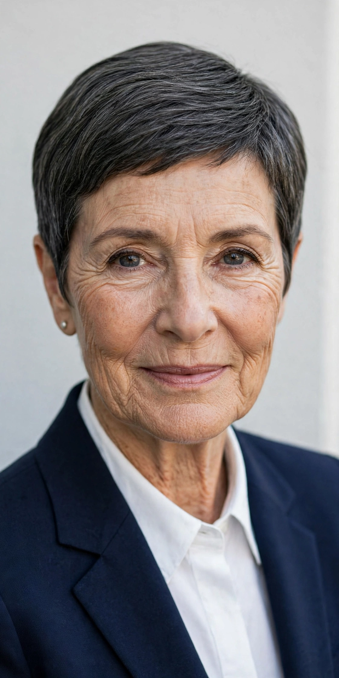 Older woman with a polished pixie, smooth tapered sides and neat top