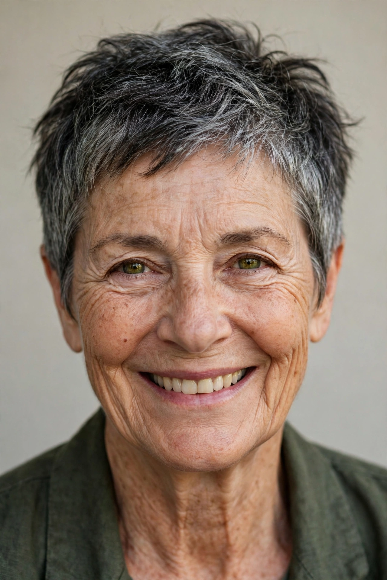 Older woman with a tousled salt and pepper pixie, natural grey blended with dark hair