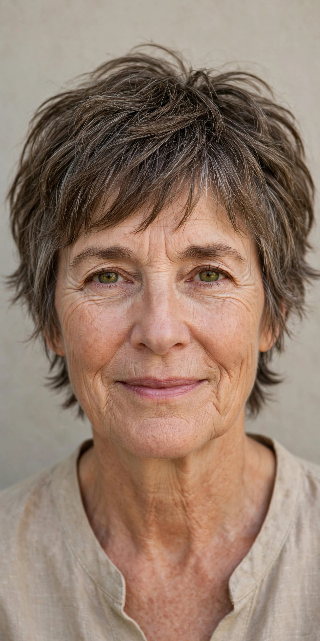 Older woman with a shaggy textured pixie, relaxed undone layers