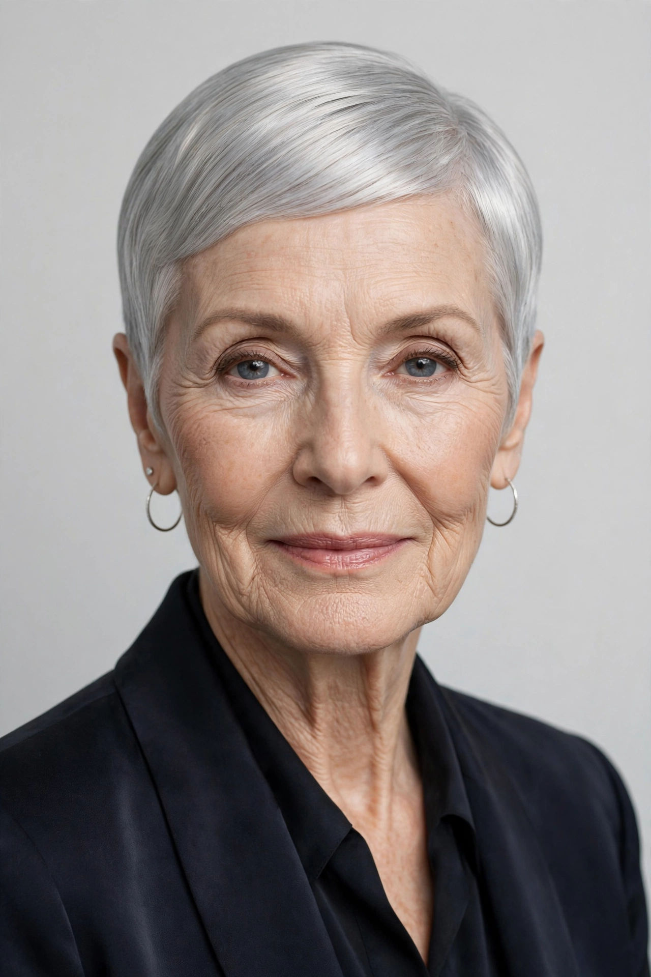 Elegant older woman with a sleek silver-grey pixie haircut, smooth and polished