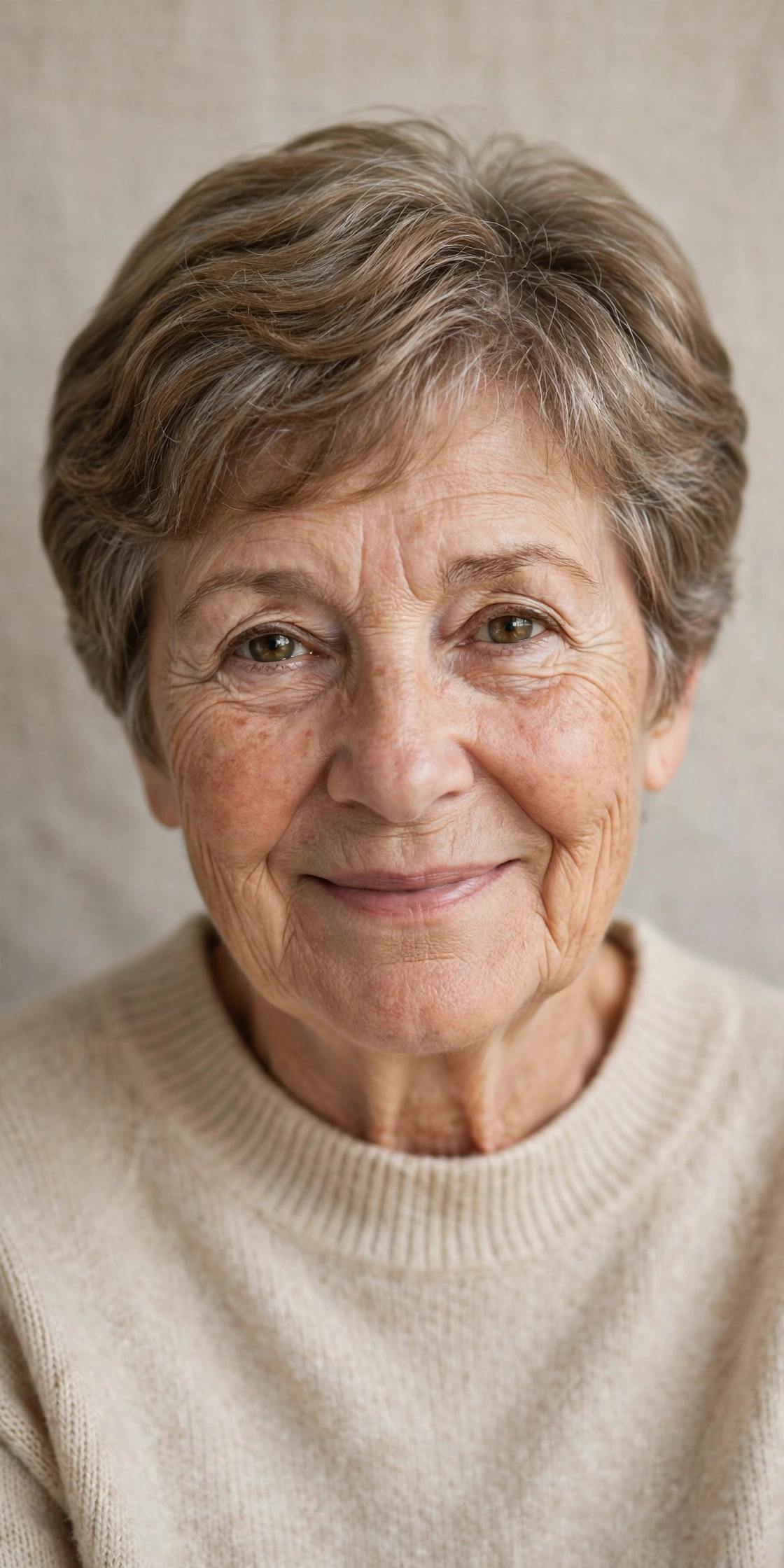 Older woman with a soft rounded pixie haircut, gentle curved silhouette